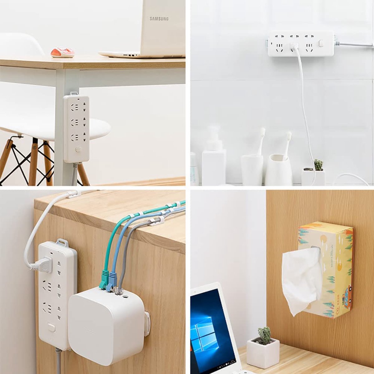Self-adhesive - Desk socket holder - No perforation - Self-adhesive socket holder - Cable management - No perforation surge protection - Power strip holder bracket (4 pieces)