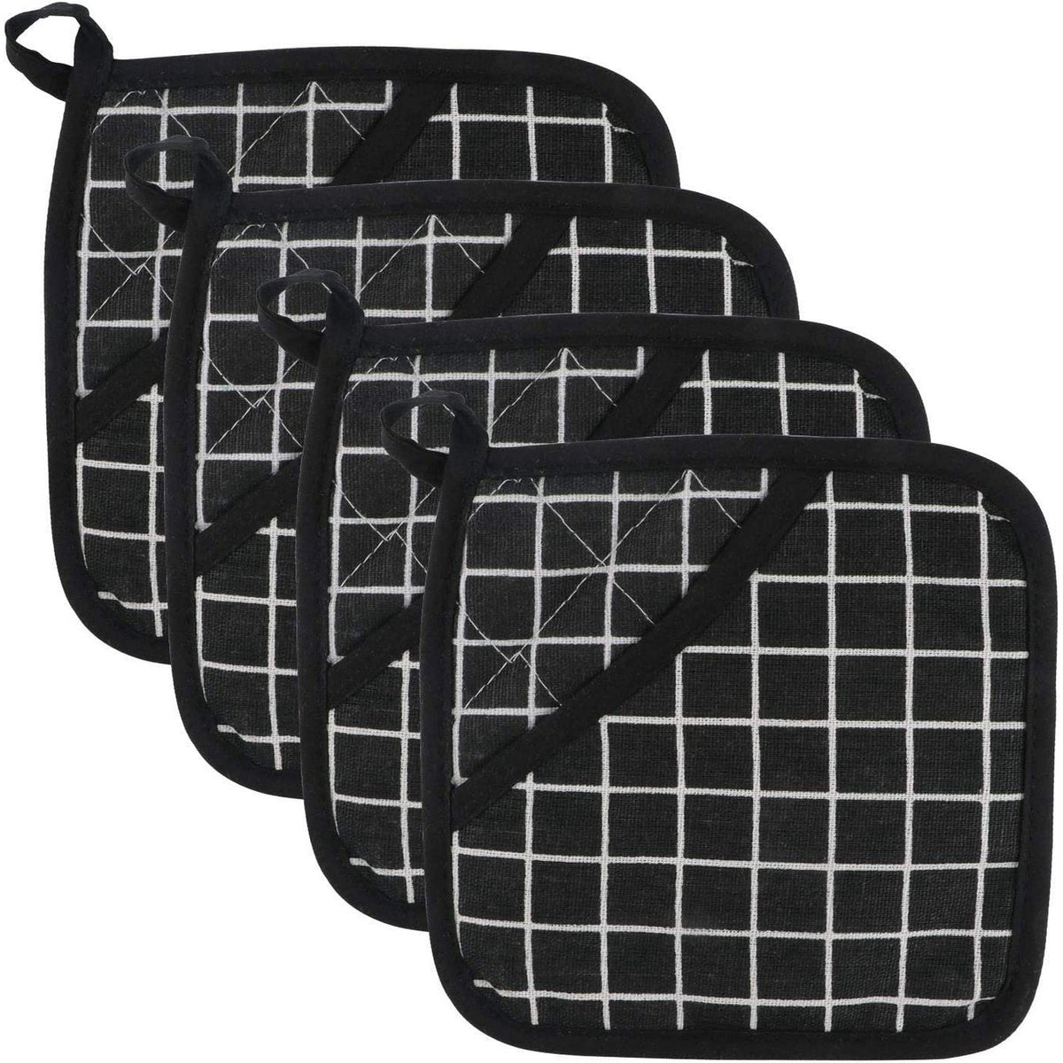 Potholders - Cotton Potholders - Fabric Mitts - Heat Resistant Placemats - Square Potholders - with Pockets - Set of 4 for Cooking and Baking in the Kitchen - Black and White