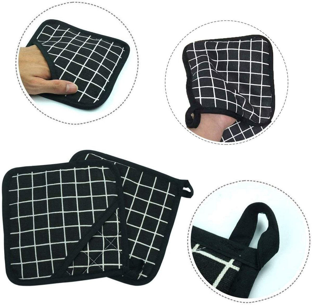 Potholders - Cotton Potholders - Fabric Mitts - Heat Resistant Placemats - Square Potholders - with Pockets - Set of 4 for Cooking and Baking in the Kitchen - Black and White
