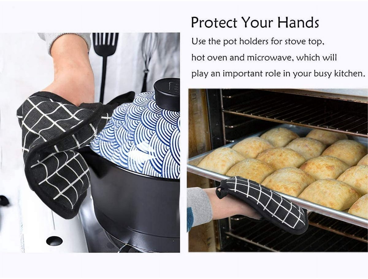 Potholders - Cotton Potholders - Fabric Mitts - Heat Resistant Placemats - Square Potholders - with Pockets - Set of 4 for Cooking and Baking in the Kitchen - Black and White