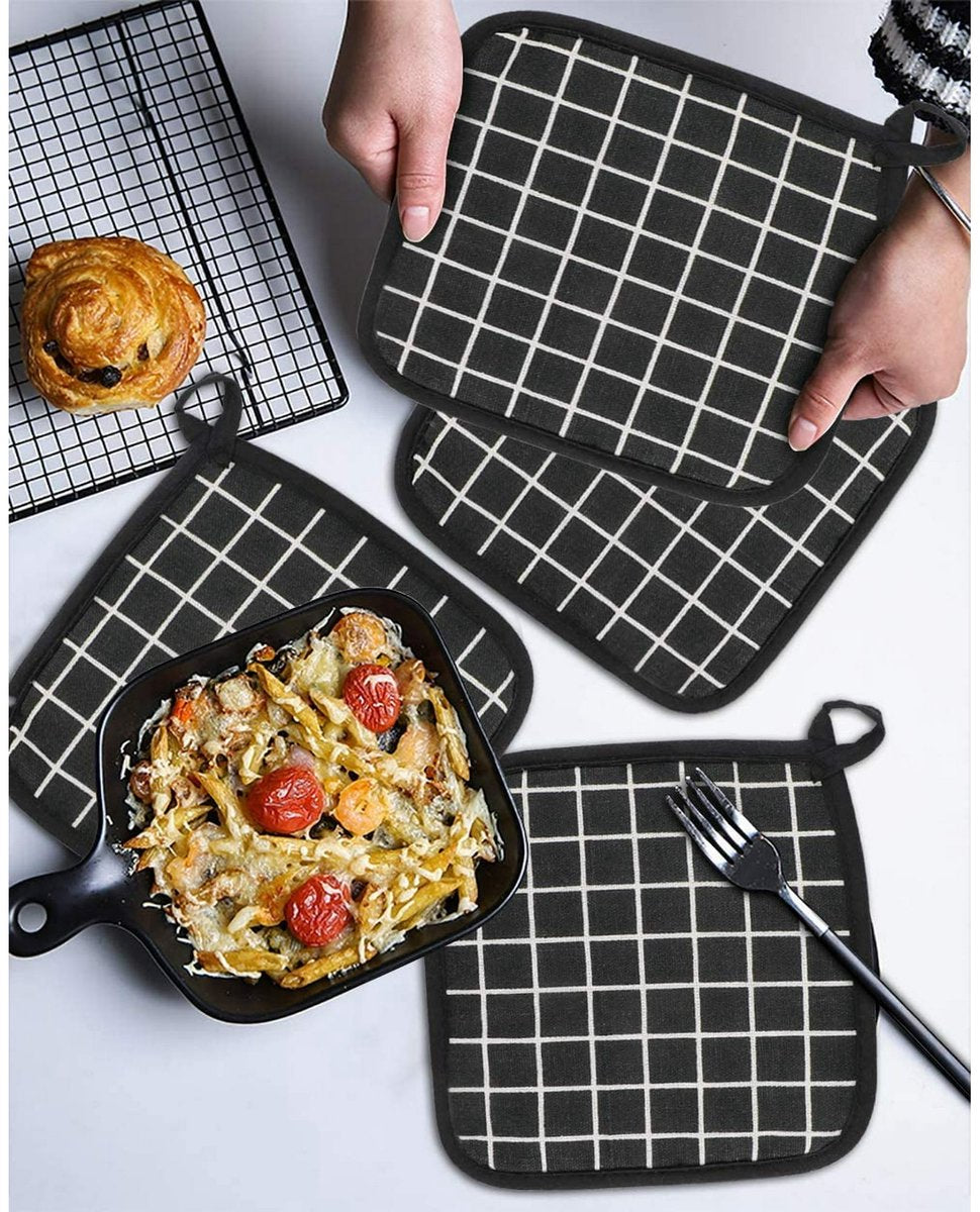 Potholders - Cotton Potholders - Fabric Mitts - Heat Resistant Placemats - Square Potholders - with Pockets - Set of 4 for Cooking and Baking in the Kitchen - Black and White