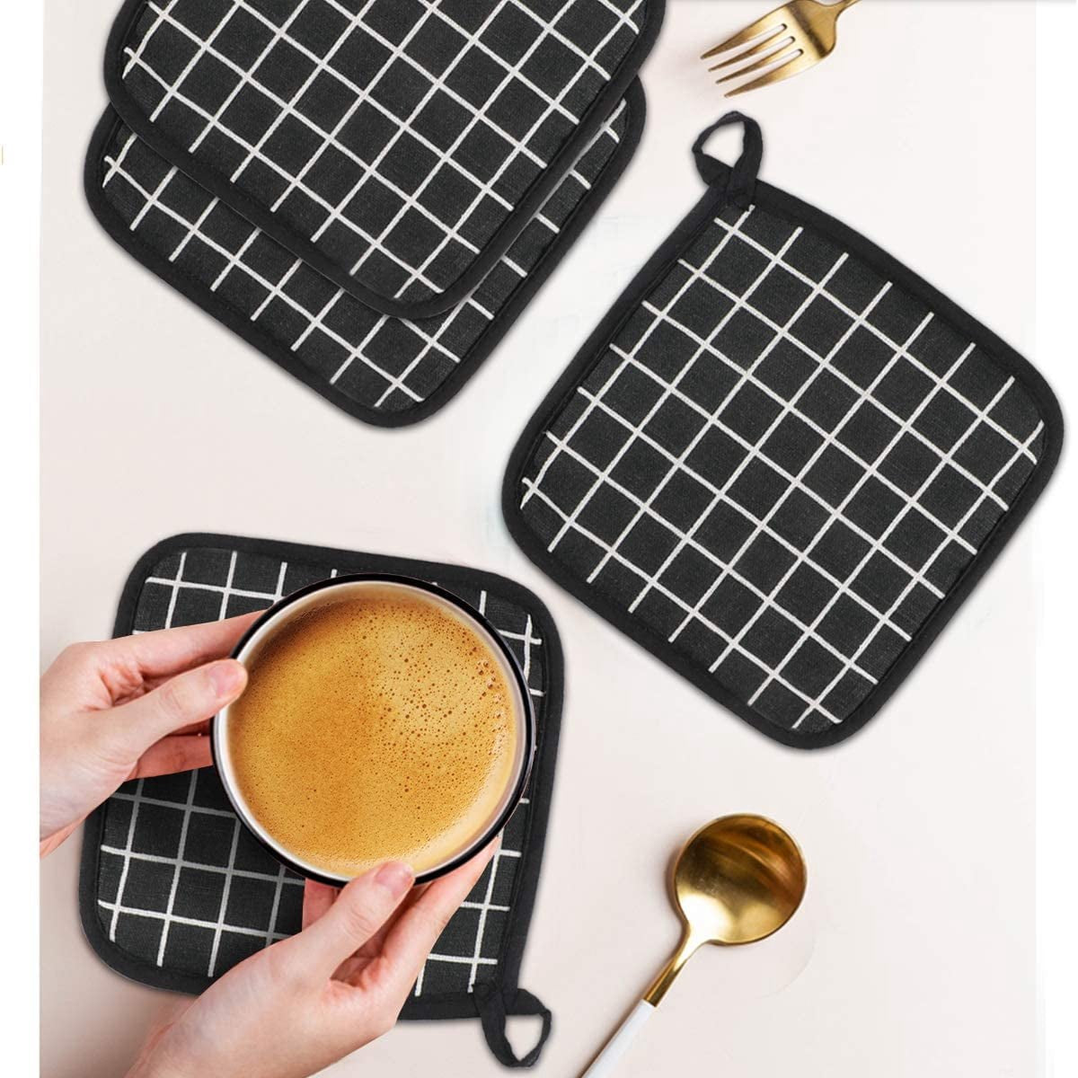 Potholders - Cotton Potholders - Fabric Mitts - Heat Resistant Placemats - Square Potholders - with Pockets - Set of 4 for Cooking and Baking in the Kitchen - Black and White