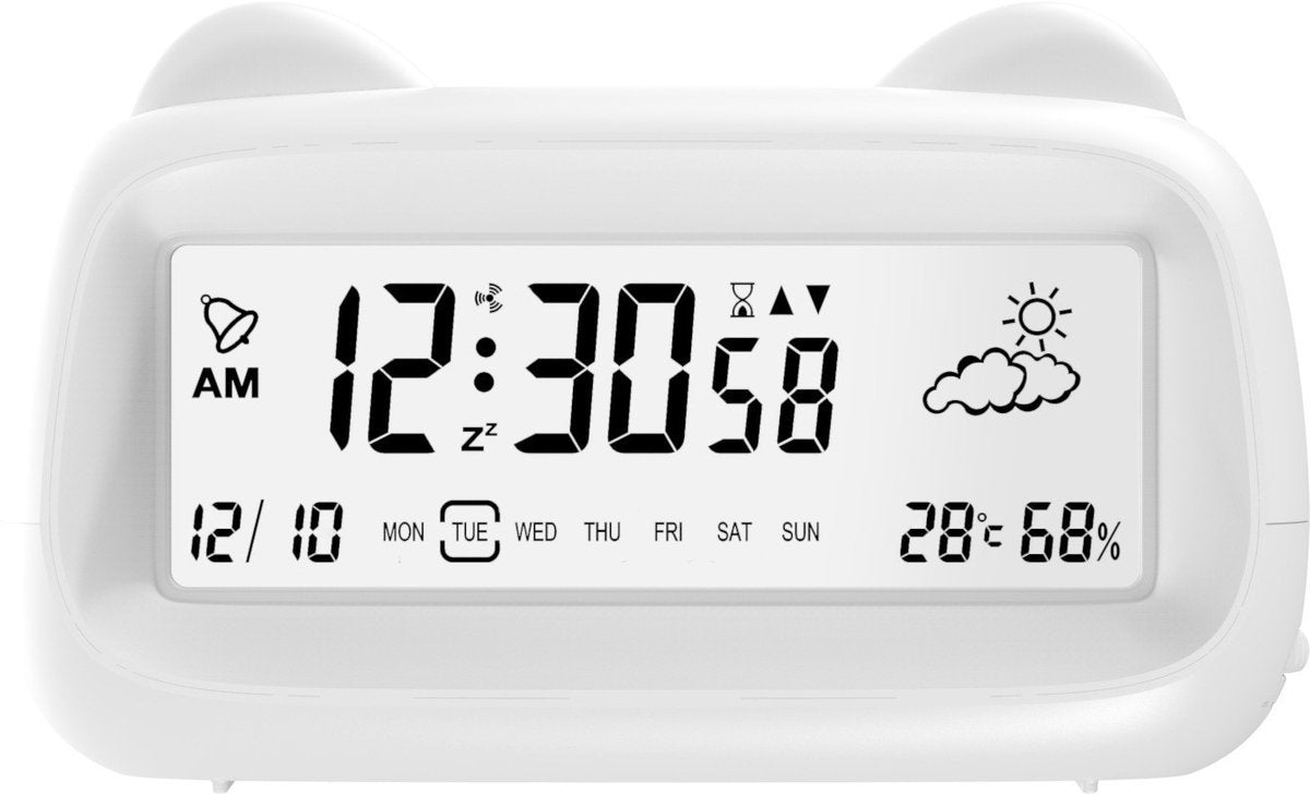 Alarm Clock - Digital Alarm Clock - Digital Clock - Smart Alarm Clock - Electronic Calendar - Cat-shaped Alarm Clock with Light - Real-time Temperature and Humidity Monitoring - Weather Display - Large Night Light Screen - USB Charging（White）