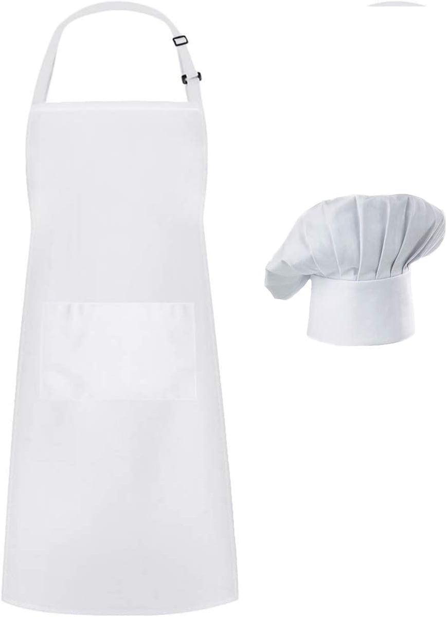 Apron and Hat Set - Adjustable Chef's Hat and Apron - Unisex Baker's Clothing (White)