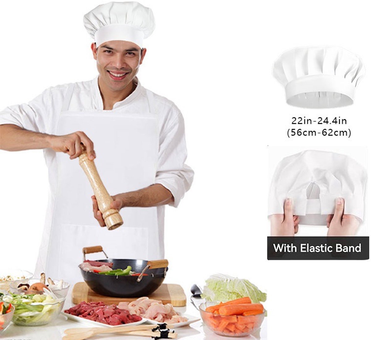 Apron and Hat Set - Adjustable Chef's Hat and Apron - Unisex Baker's Clothing (White)