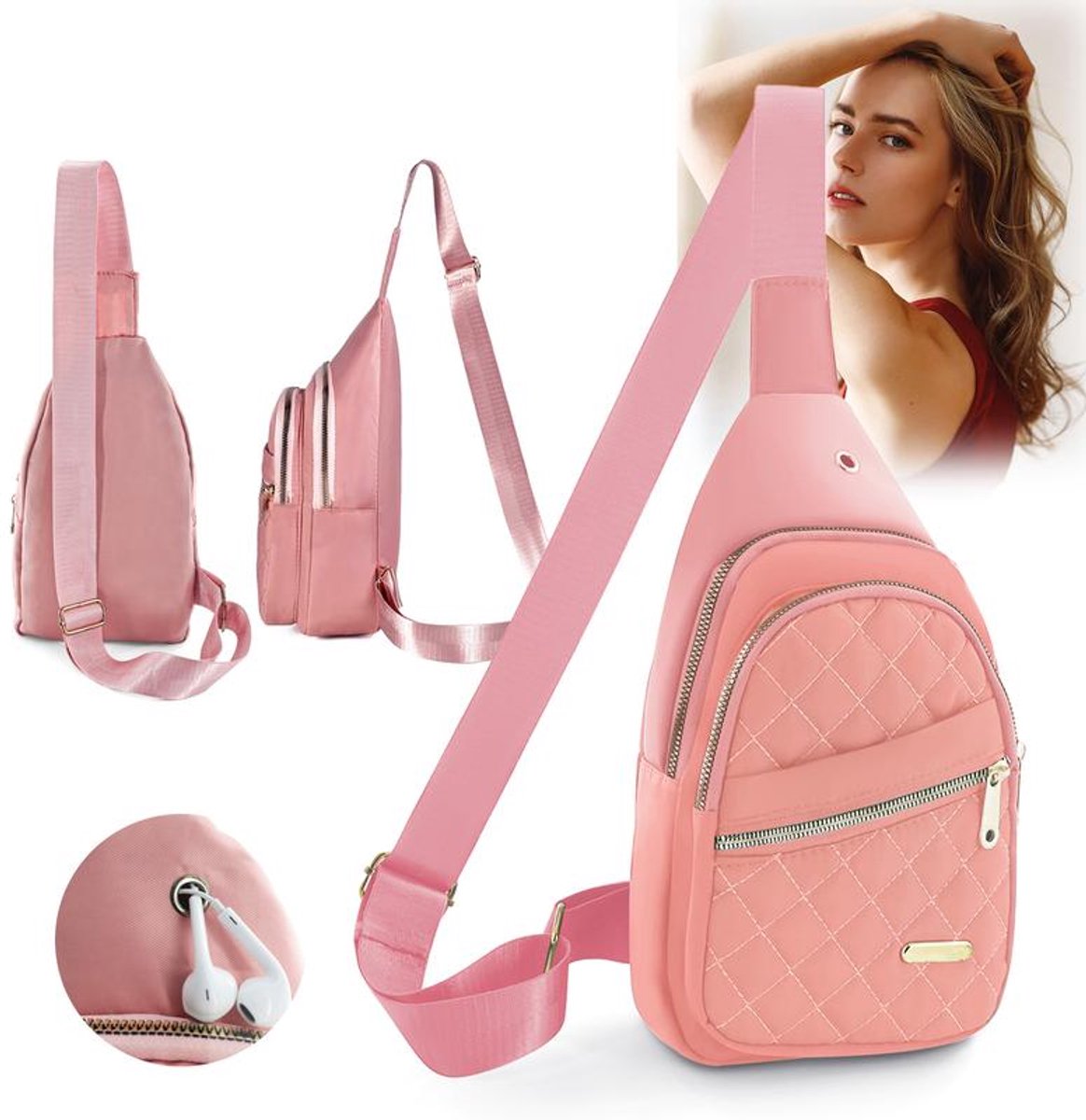 Unisex Shoulder Bag - 5 Storage Pockets & Cable Grommet - Women's Crossbody Bag - Men's Crossbody Bag - Crossbody Bags - Sling Bag - Adjustable Carrying Style (Cross/Shoulder/Chest) - Pink