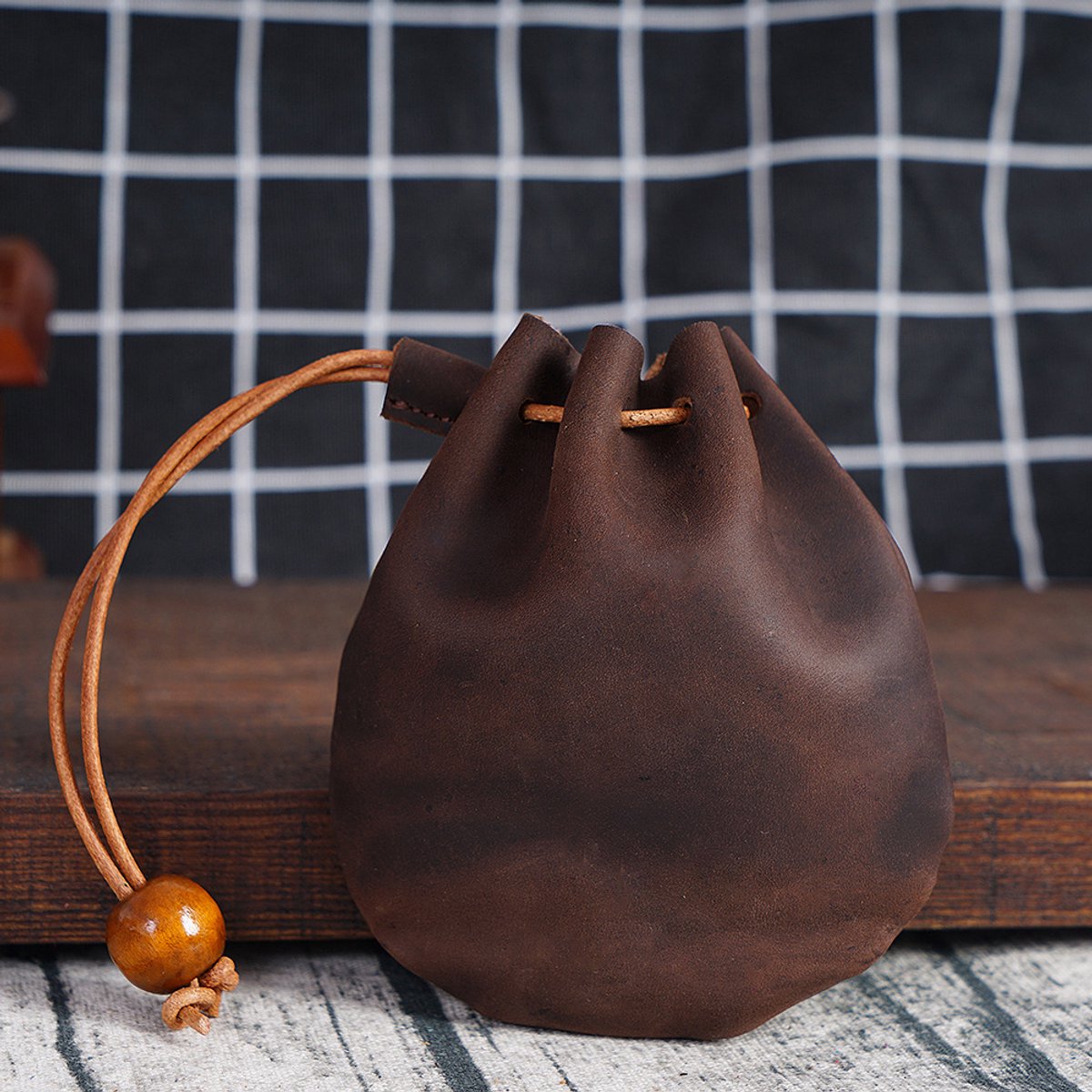 Drawstring Wallet - Leather Drawstring Wallet - Small Organizer for Headphones, Jewelry, and Candy - Coconut Brown