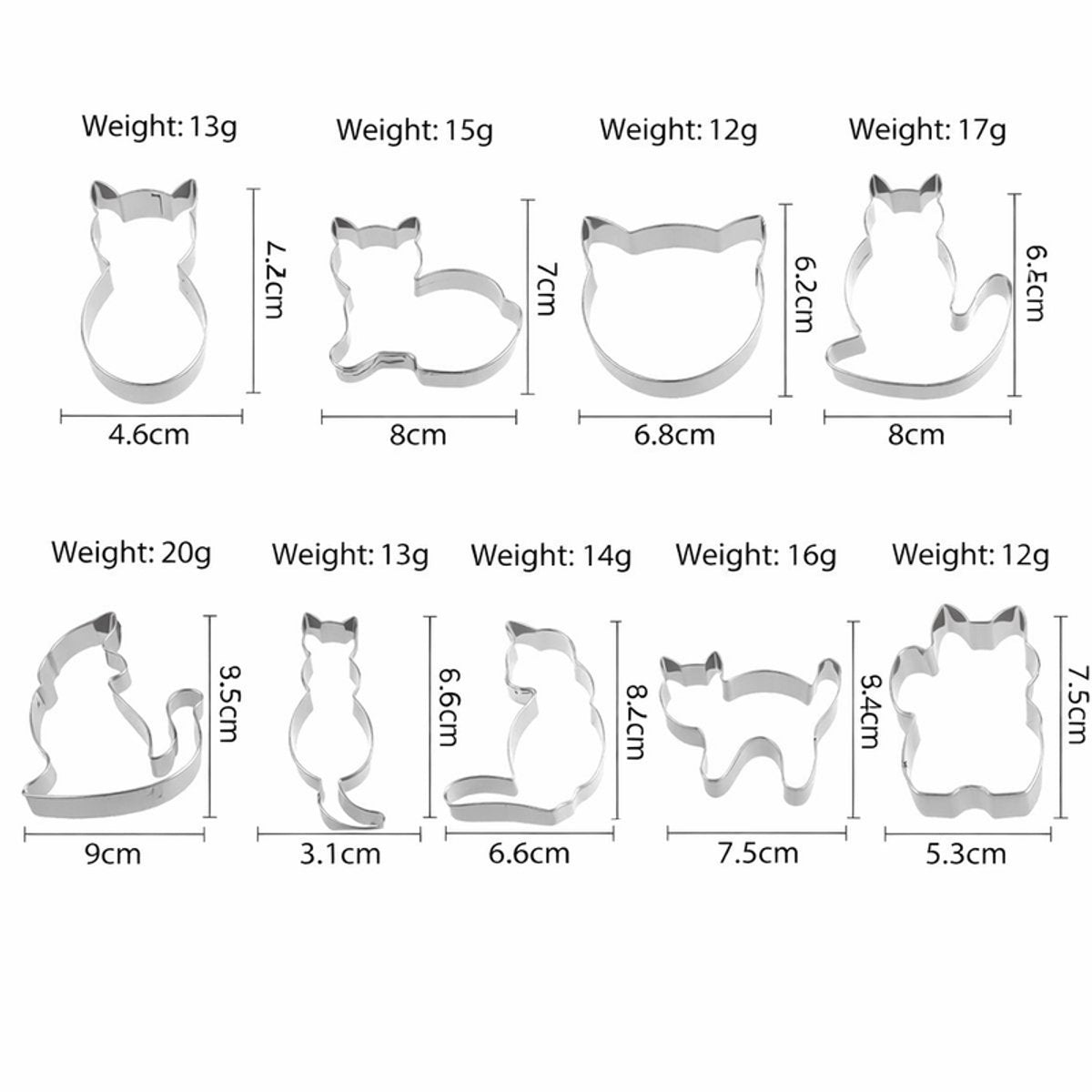 Cookie Cutters Cat - 9 Piece Set - Stainless Steel Baking Cup Set - Cat Shaped Cookie Cutters and Baking Tools - Enjoy cooking with your kids.