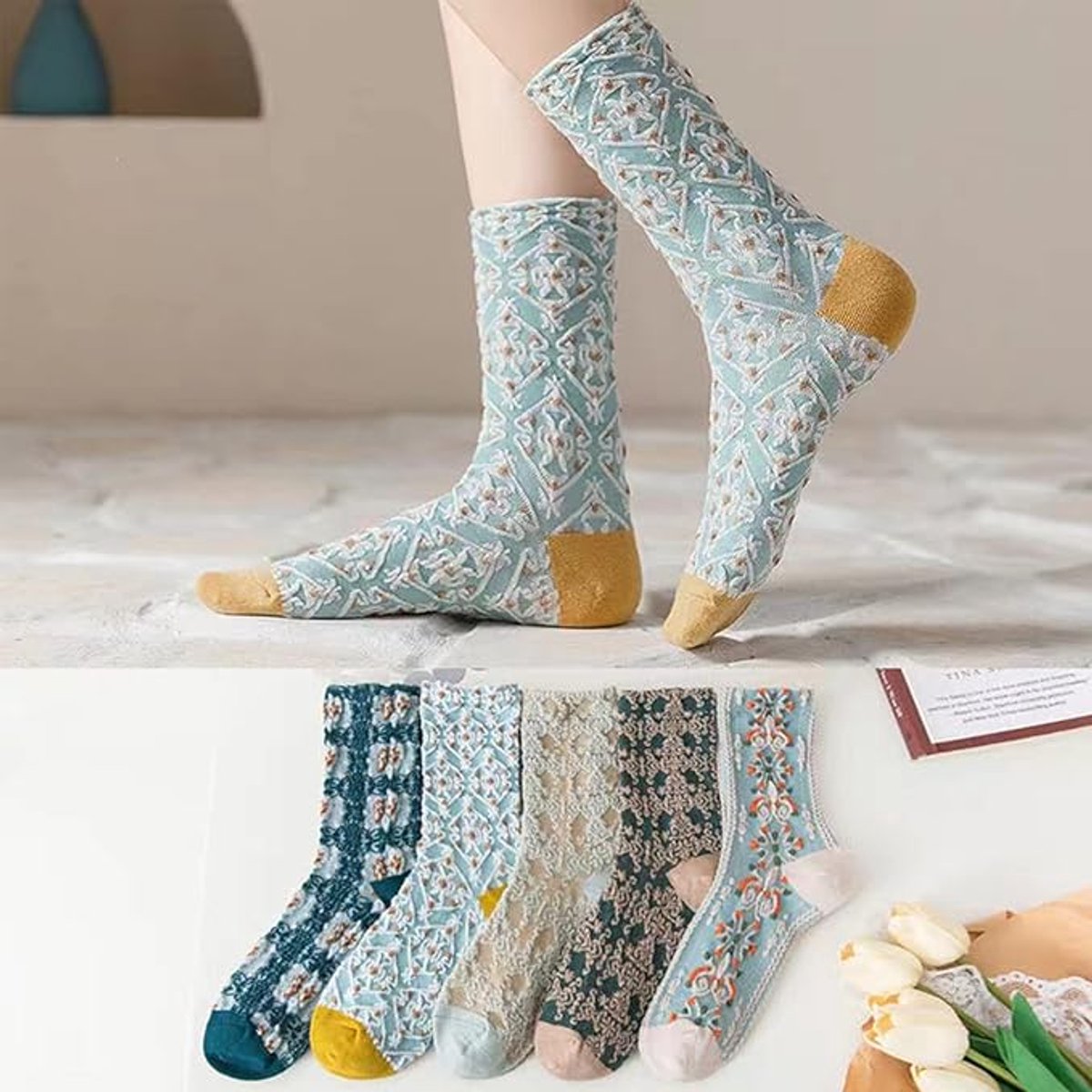 5 pairs of cotton socks for women - retro floral pattern - warm socks - lounge socks - autumn and winter socks - socks with 3D relief design
