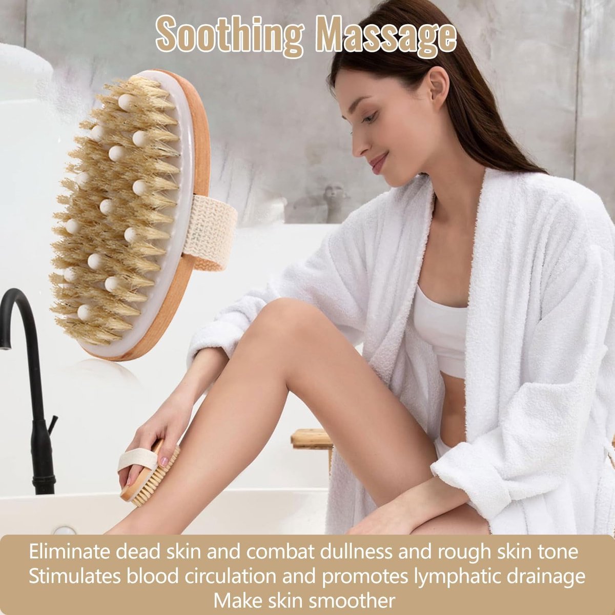 Bath Brush - Body Brush - Natural Bristles - Massage Brush - Shower Brush - Exfoliating Brush - Sauna Brush - Improves Blood Circulation - Lymphatic Function - Removes Dead Skin Cells