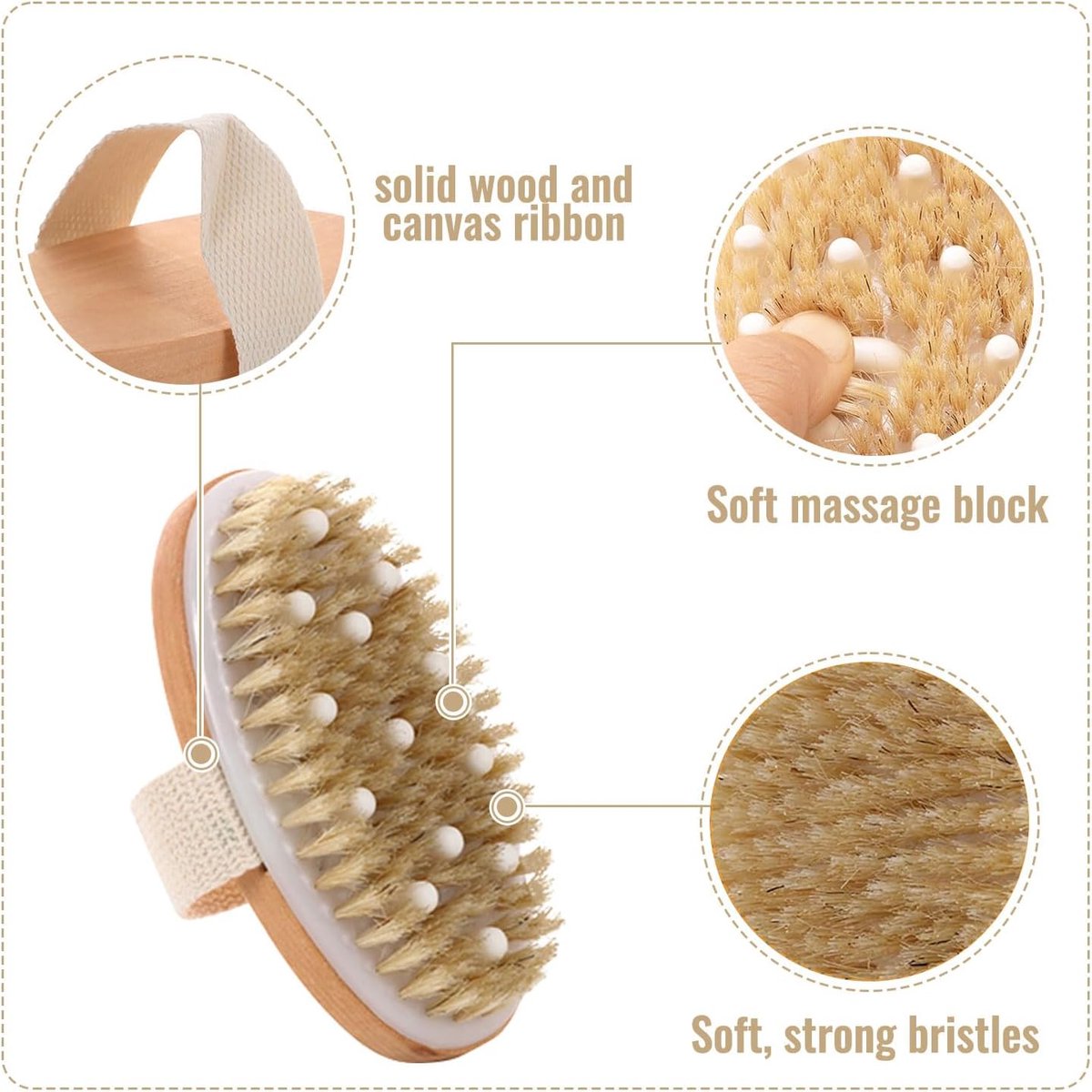 Bath Brush - Body Brush - Natural Bristles - Massage Brush - Shower Brush - Exfoliating Brush - Sauna Brush - Improves Blood Circulation - Lymphatic Function - Removes Dead Skin Cells