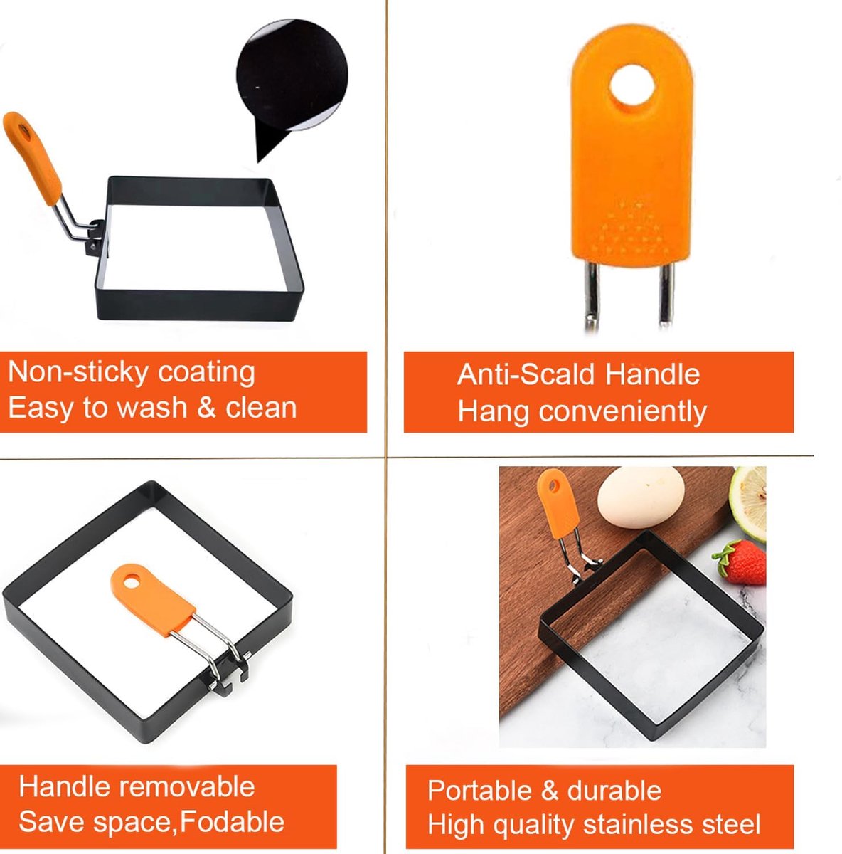 Egg Packaging - Pack of 4 - Egg Packaging - Square Egg Packaging - Non-stick Stainless Steel Square Shape - Square Omelette Mold - With Silicone Insulated Handle - 10x8cm