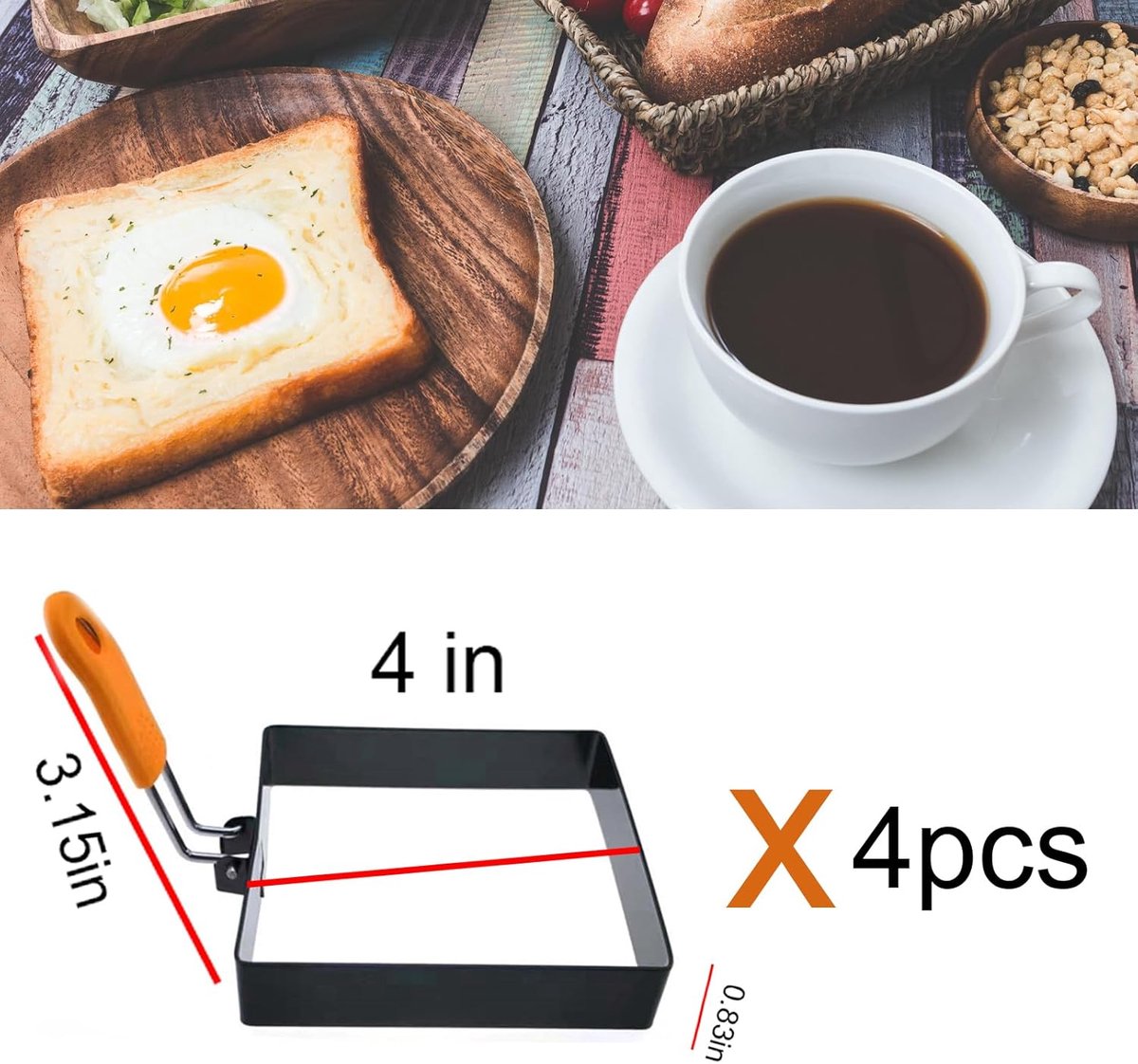 Egg Packaging - Pack of 4 - Egg Packaging - Square Egg Packaging - Non-stick Stainless Steel Square Shape - Square Omelette Mold - With Silicone Insulated Handle - 10x8cm