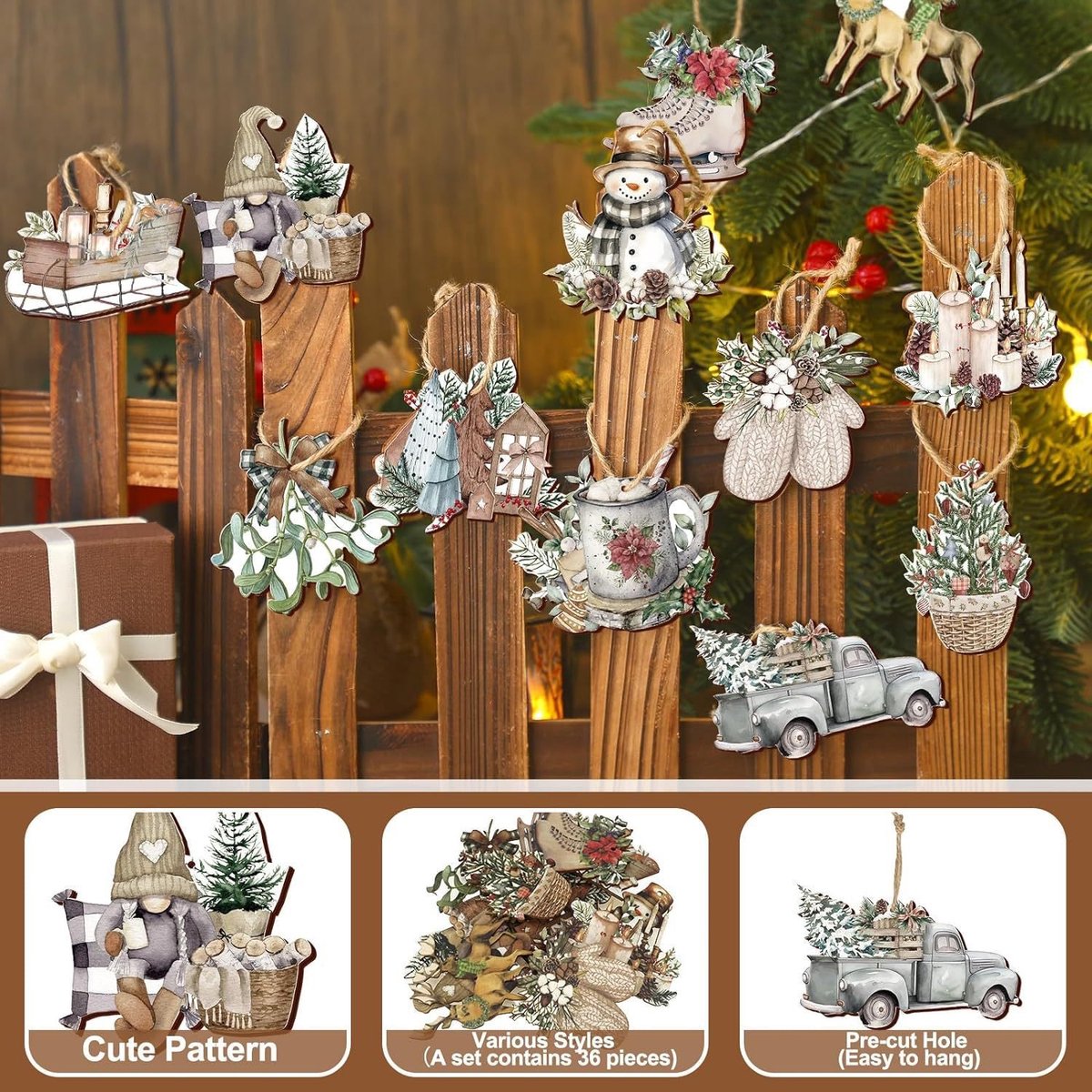 Christmas tree decorations (12 pieces) - Indoor Christmas decorations - Wooden Christmas tree decorations - Snowman - Sleigh - Reindeer set - Christmas decorations - Christmas decorations - Style A