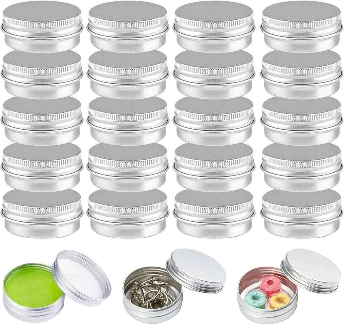 Small Tins with Lids - Pack of 20 - Dispensing Containers - 20ml Reusable Aluminum Tins and Refillable Small Tins with Screw Cap, Travel Sample Containers - Suitable for storing nail art supplies, jewelry, badges, sweets, etc.