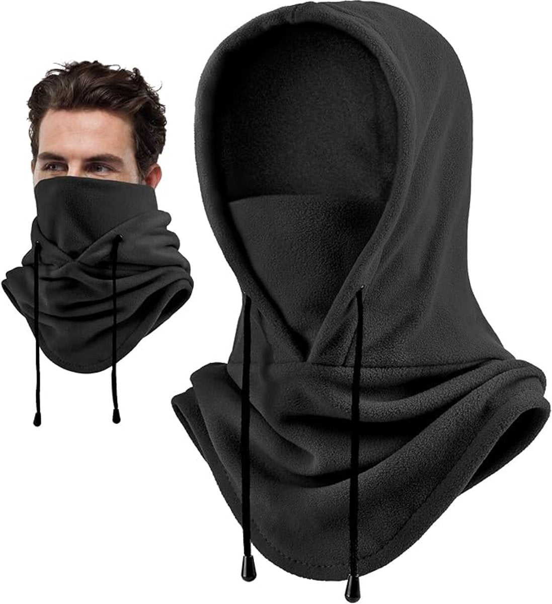 Hooded Scarf - Drawstring Scarf - Windproof Face Mask - Warm Face Mask - Scarf - Black - Motorcycle Neck Warmer - Suitable for winter activities such as skiing, running, cycling, motorcycling, picnicking and mountaineering.
