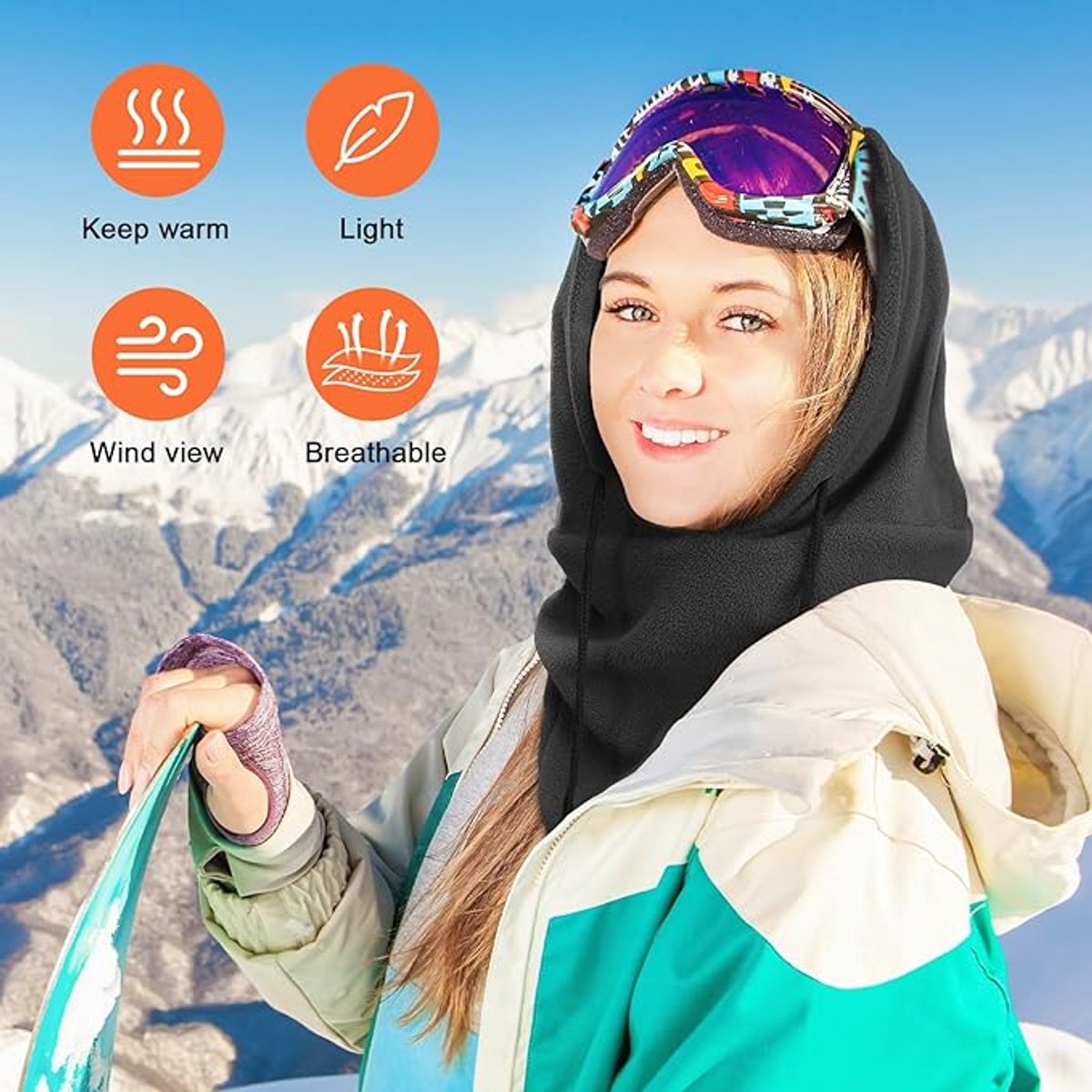 Hooded Scarf - Drawstring Scarf - Windproof Face Mask - Warm Face Mask - Scarf - Black - Motorcycle Neck Warmer - Suitable for winter activities such as skiing, running, cycling, motorcycling, picnicking and mountaineering.