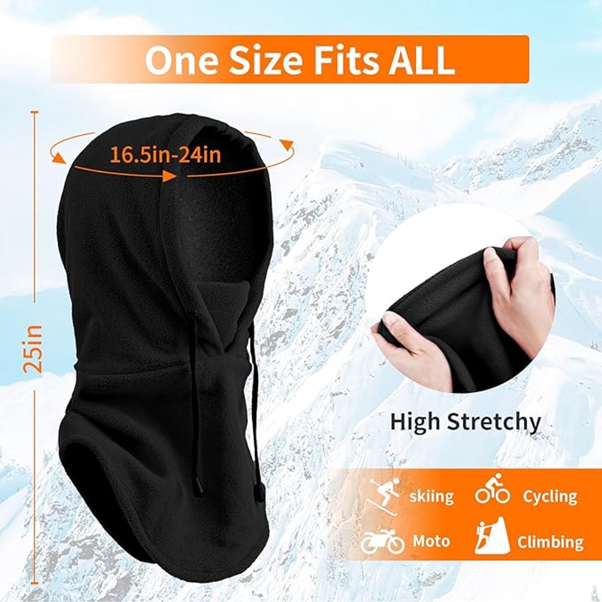 Hooded Scarf - Drawstring Scarf - Windproof Face Mask - Warm Face Mask - Scarf - Black - Motorcycle Neck Warmer - Suitable for winter activities such as skiing, running, cycling, motorcycling, picnicking and mountaineering.