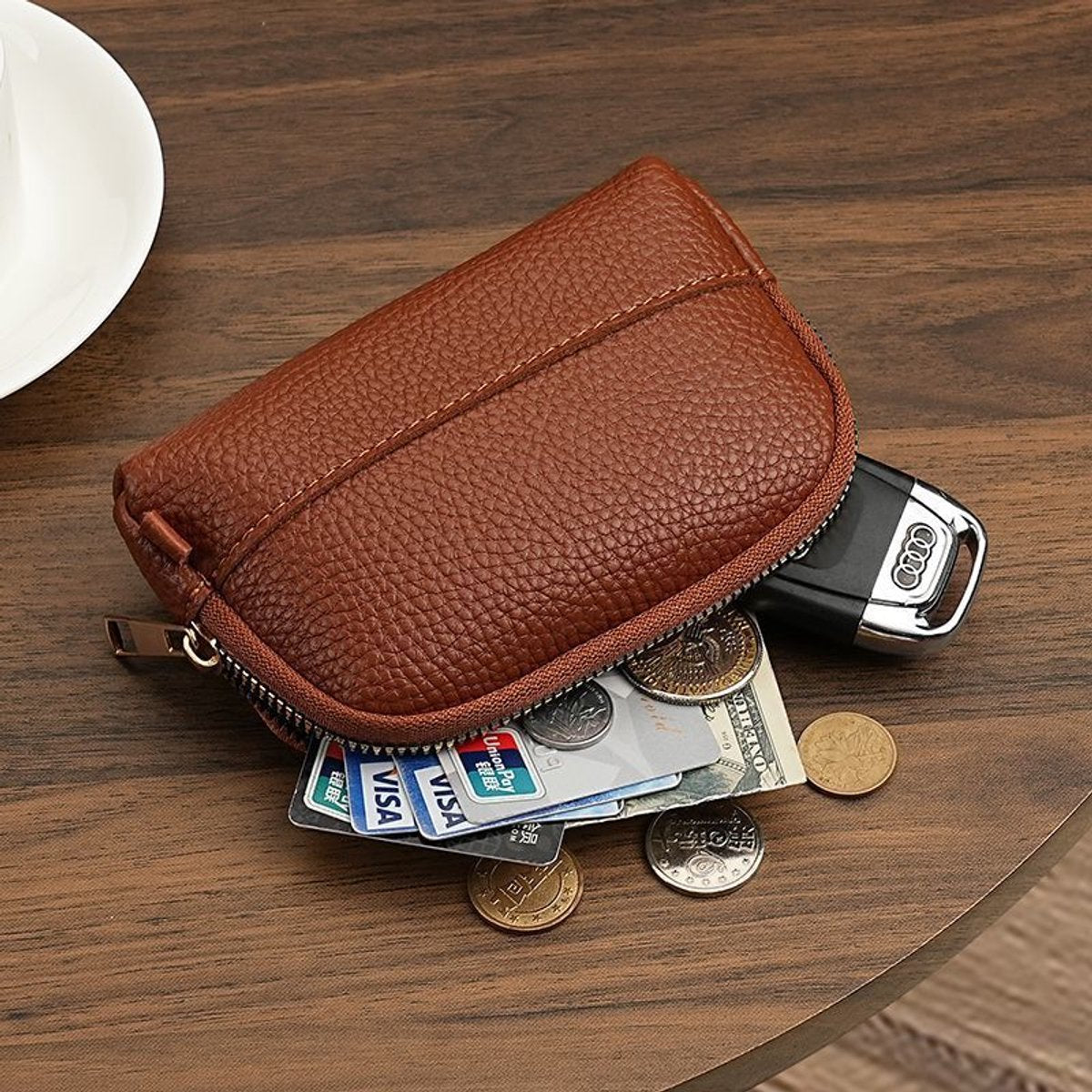 Vintage Wallet with Zip Around - Compact and Beautiful - Key Holder - Mini - Clutch - Coin Purse - Dark Brown