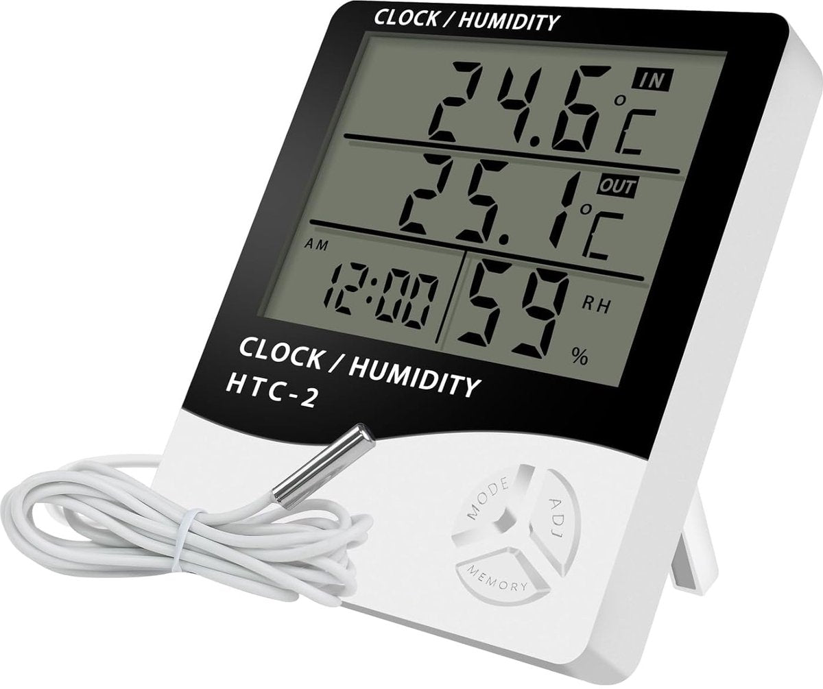 HTC-2 Indoor/Outdoor Temperature/Hygrometer - Digital Temperature and Humidity Sensor for Home - Portable with Time Display - Suitable for Temperature and Humidity Monitoring