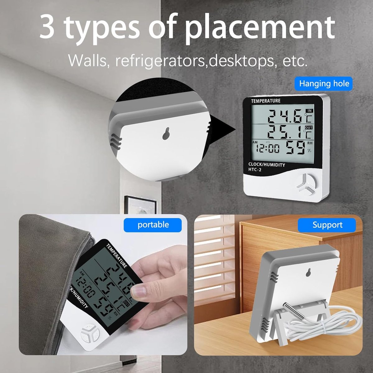 HTC-2 Indoor/Outdoor Temperature/Hygrometer - Digital Temperature and Humidity Sensor for Home - Portable with Time Display - Suitable for Temperature and Humidity Monitoring