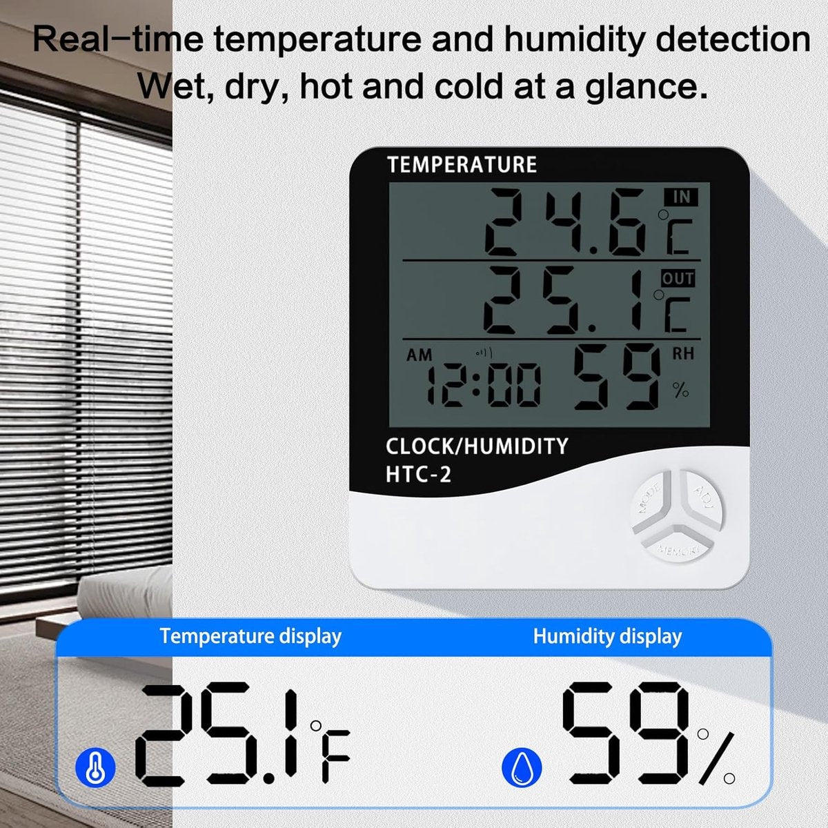 HTC-2 Indoor/Outdoor Temperature/Hygrometer - Digital Temperature and Humidity Sensor for Home - Portable with Time Display - Suitable for Temperature and Humidity Monitoring