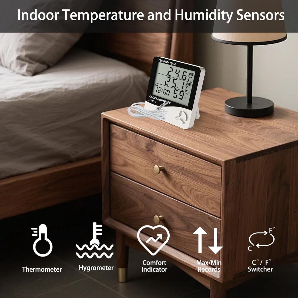 HTC-2 Indoor/Outdoor Temperature/Hygrometer - Digital Temperature and Humidity Sensor for Home - Portable with Time Display - Suitable for Temperature and Humidity Monitoring