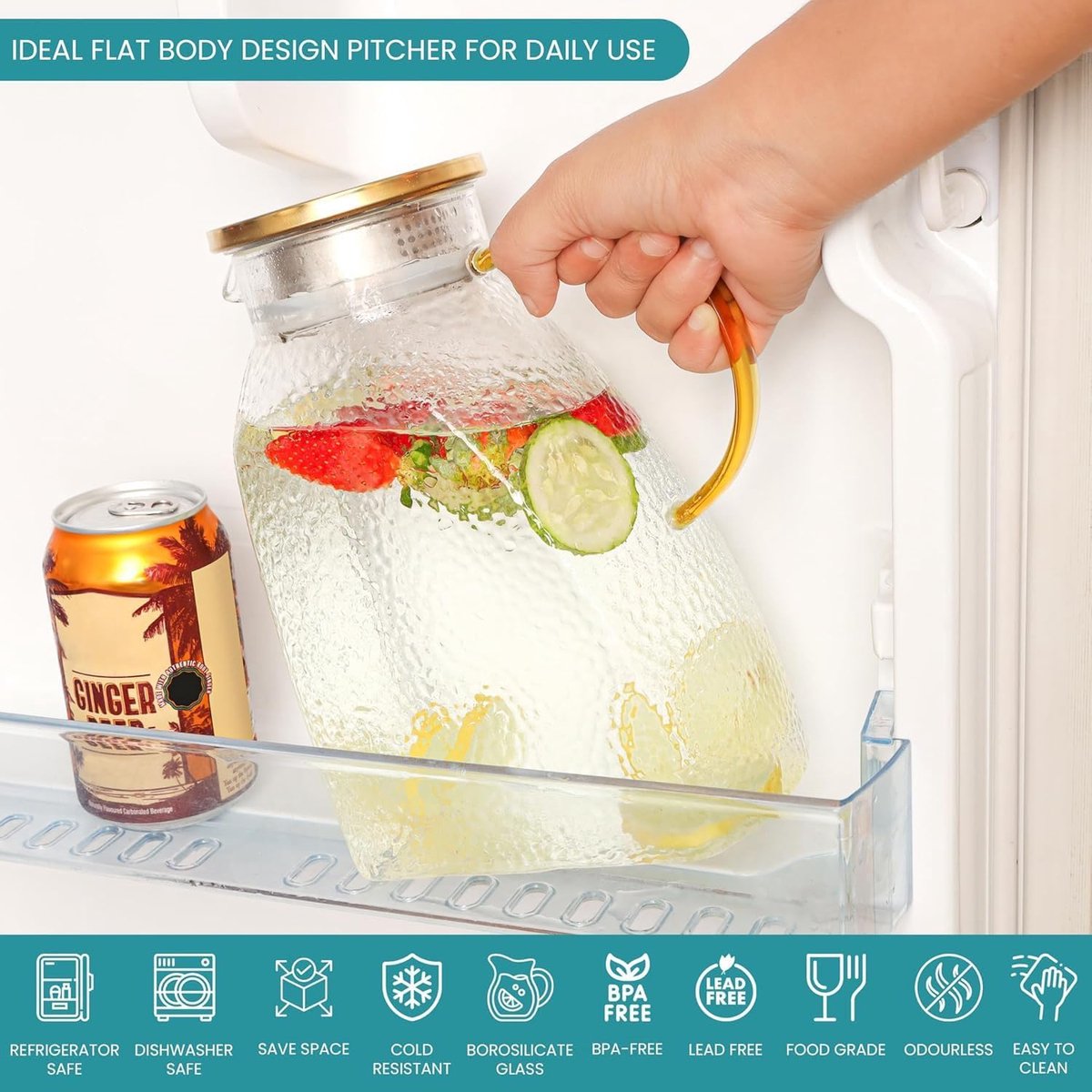 Water Juice - Fridge Door Juice - 1.8L Glass Juice - with Stainless Steel Lid - Juice Juice - For Hot and Cold Drinks - For Homemade Drinks - Juice - Ice - Tea - Coffee - Milk - Wine and Beverages