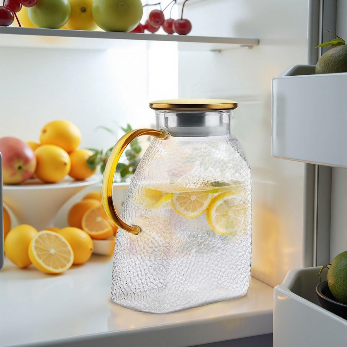 Water Juice - Fridge Door Juice - 1.8L Glass Juice - with Stainless Steel Lid - Juice Juice - For Hot and Cold Drinks - For Homemade Drinks - Juice - Ice - Tea - Coffee - Milk - Wine and Beverages