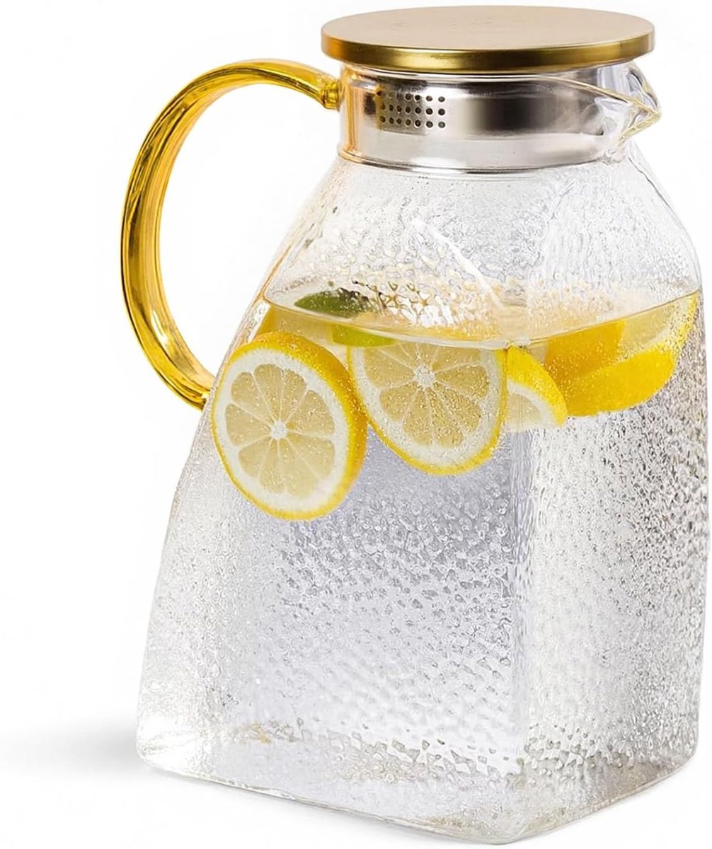 Water Juice - Fridge Door Juice - 1.8L Glass Juice - with Stainless Steel Lid - Juice Juice - For Hot and Cold Drinks - For Homemade Drinks - Juice - Ice - Tea - Coffee - Milk - Wine and Beverages