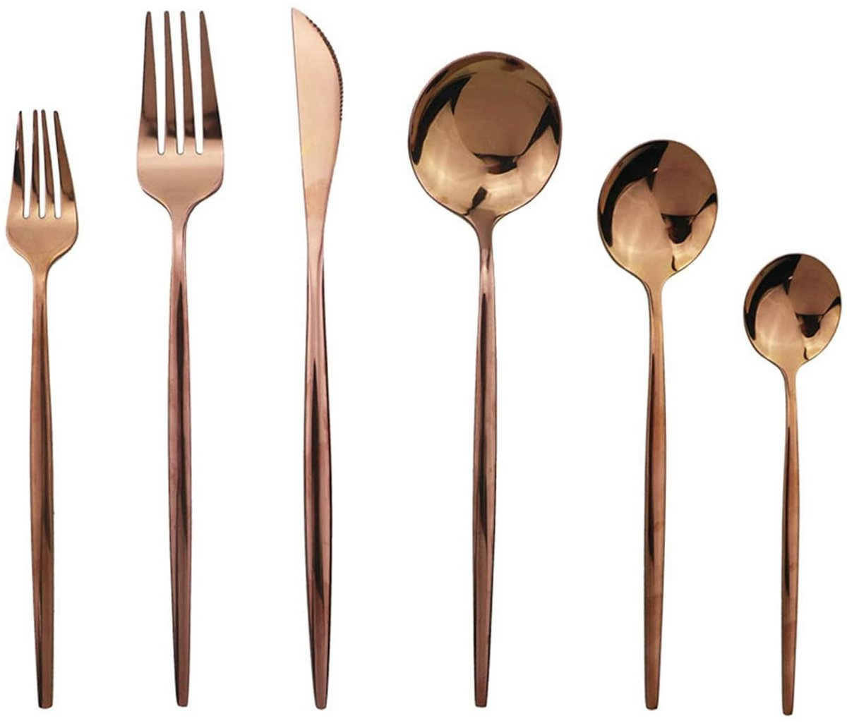Cutlery Set - Mirror-polished copper cutlery set (for 6 persons) - Shiny stainless steel cutlery set (36-piece) - Dinner knife, fork, spoon, dessert fork, salad spoon - Dishwasher safe