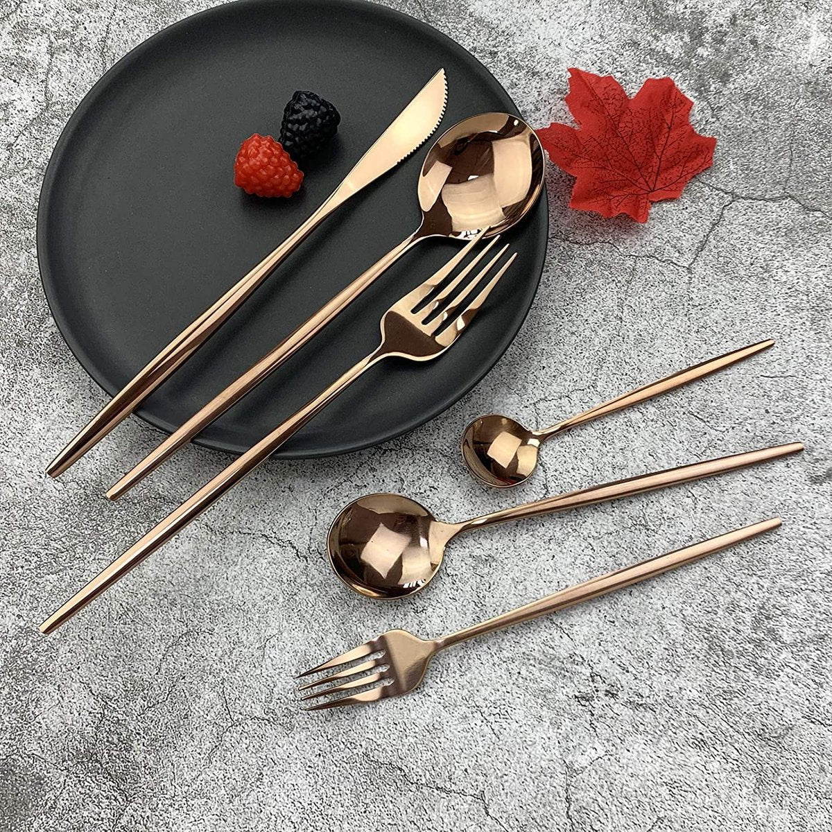 Cutlery Set - Mirror-polished copper cutlery set (for 6 persons) - Shiny stainless steel cutlery set (36-piece) - Dinner knife, fork, spoon, dessert fork, salad spoon - Dishwasher safe