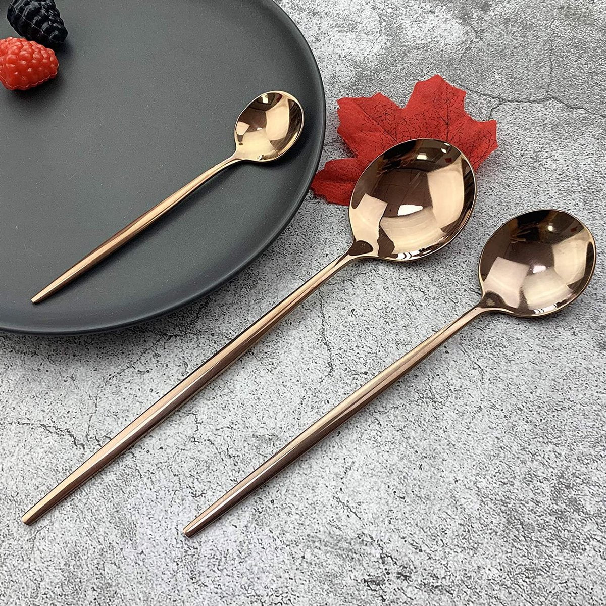 Cutlery Set - Mirror-polished copper cutlery set (for 6 persons) - Shiny stainless steel cutlery set (36-piece) - Dinner knife, fork, spoon, dessert fork, salad spoon - Dishwasher safe