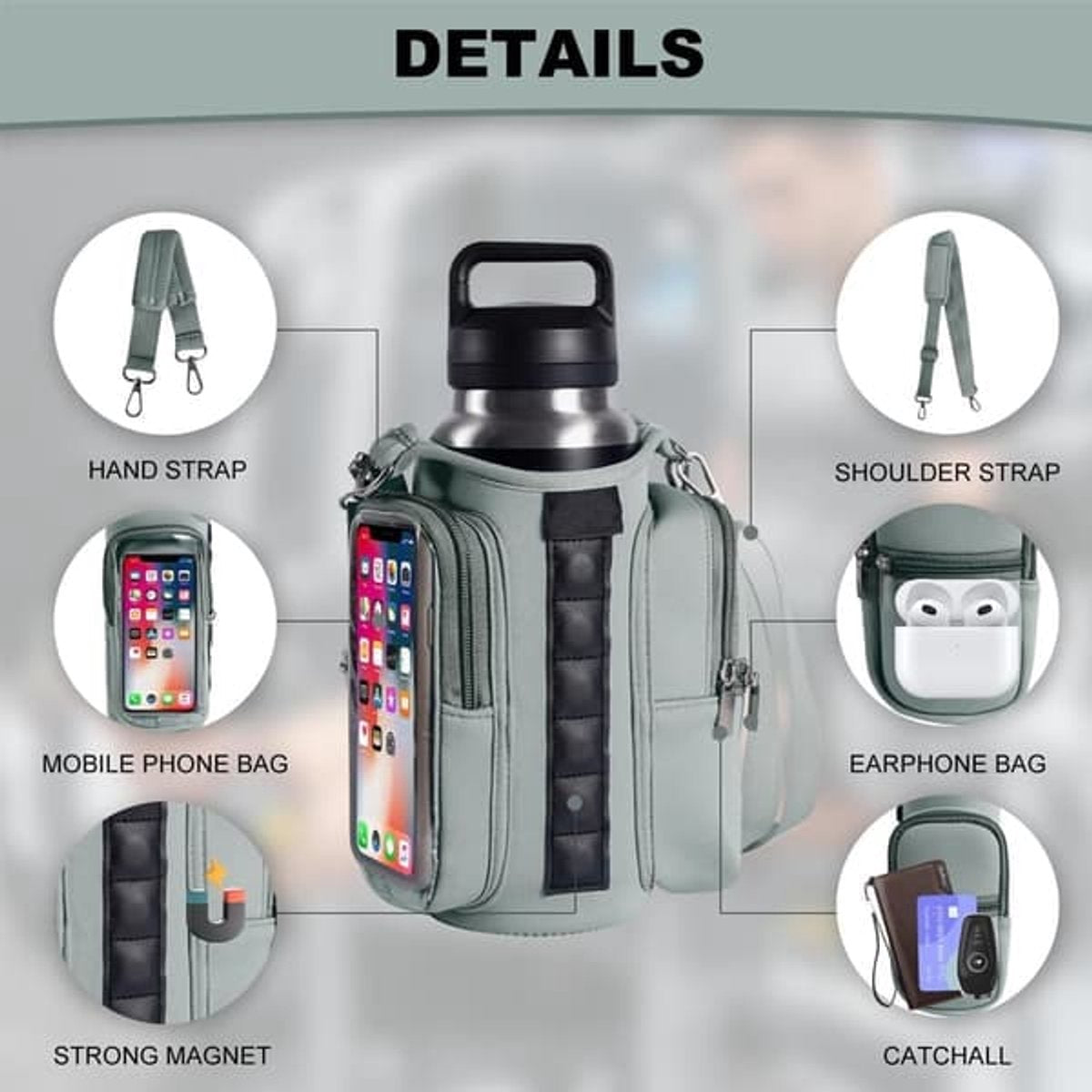 Magnetic Sports Bag with Adjustable Shoulder Strap - Includes Water Bottle Holder and Pocket - for Sports, Workouts, Travel & Work（Purple）