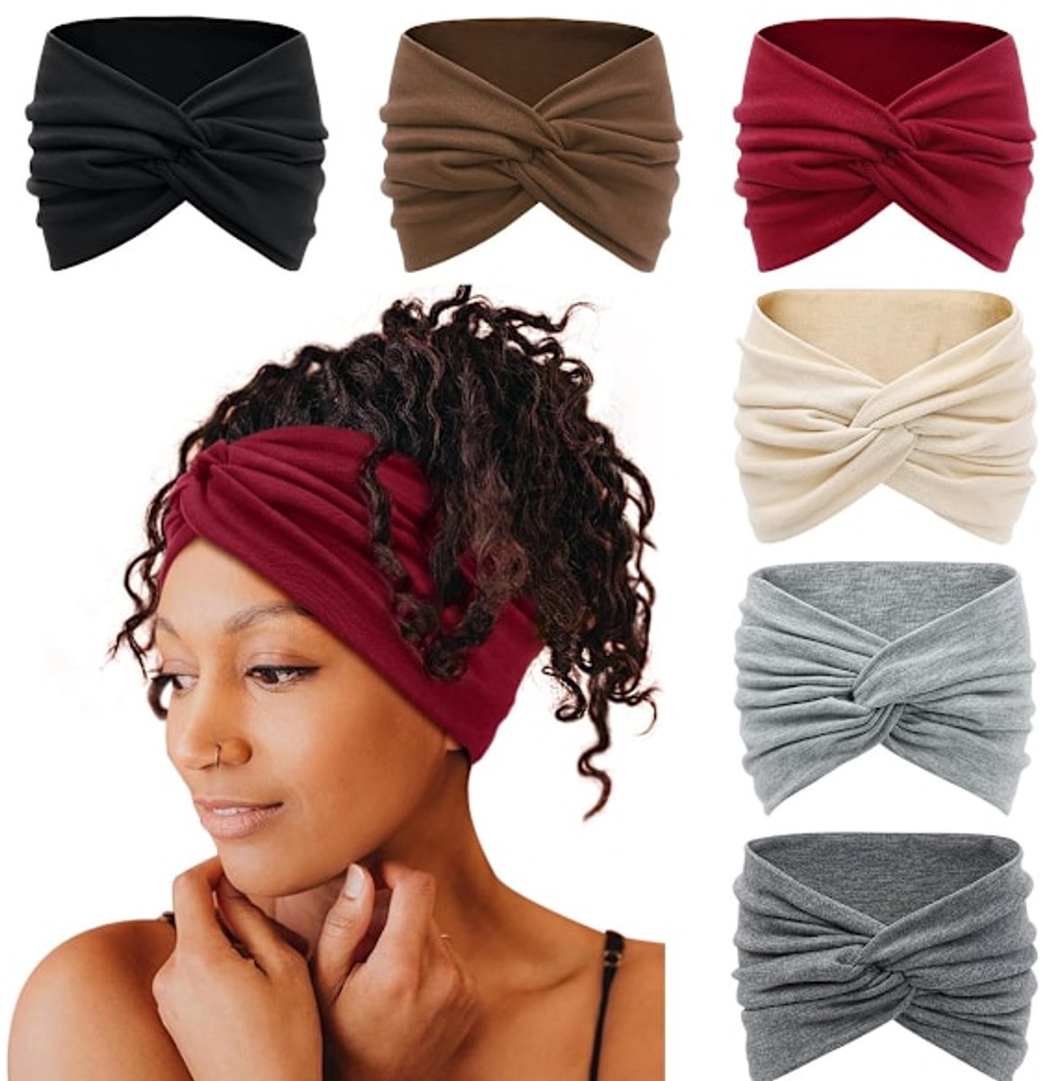 Wide Headbands for Women - Bohemian Style - 6-Pack - Oversized Turban Headbands - Scrunchies - Casual Wear - Sportswear - Cosmetics - Yoga Accessories