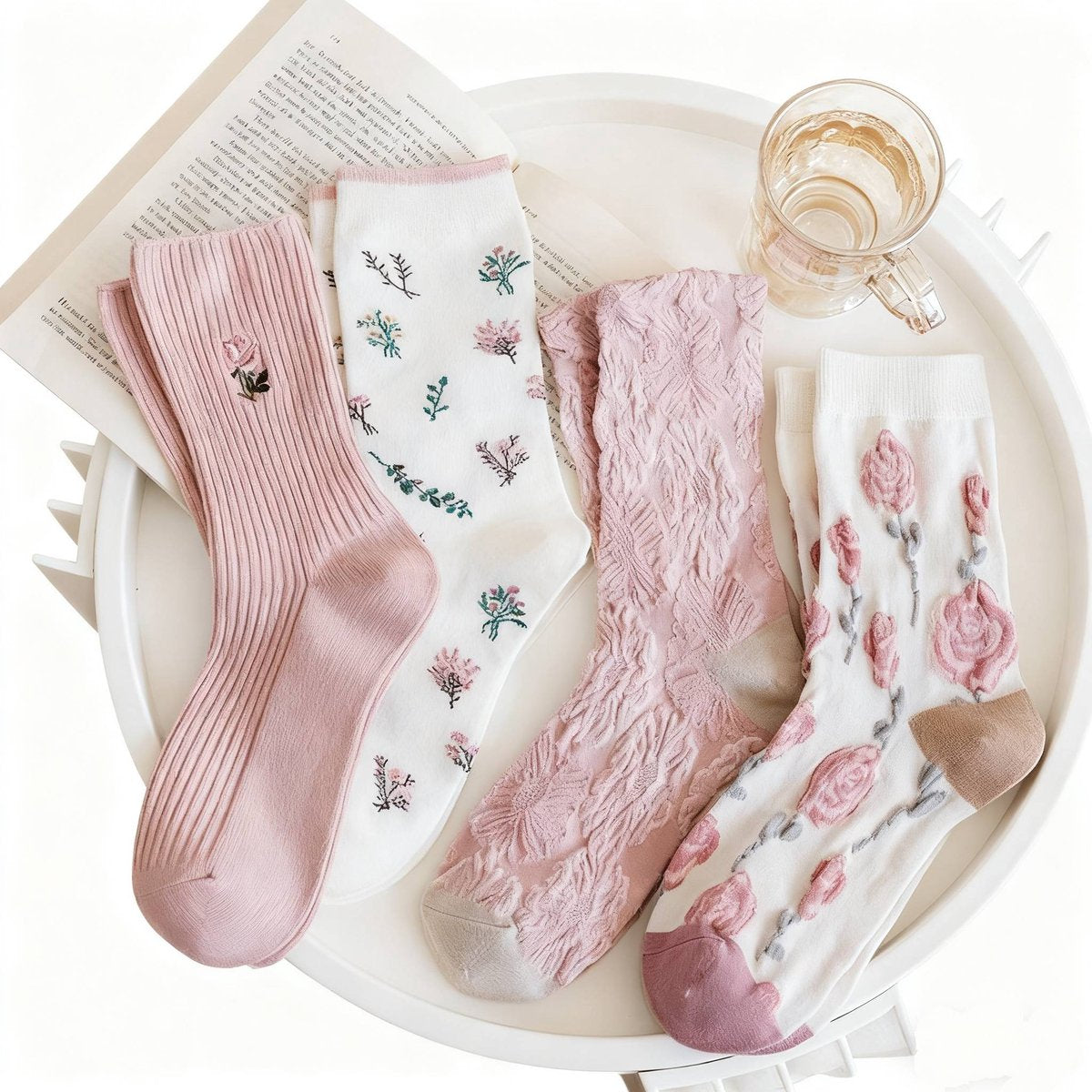 Women's slipper socks (4 pairs) - House socks - Pink socks - Women's autumn and winter socks, with sweet-smelling suede - Vintage print embroidered women's socks