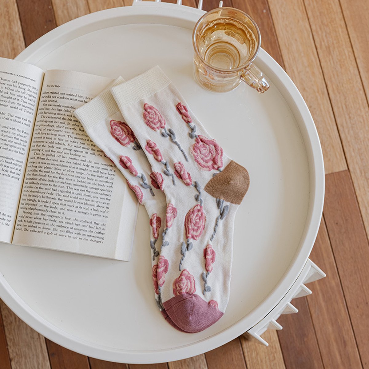 Women's slipper socks (4 pairs) - House socks - Pink socks - Women's autumn and winter socks, with sweet-smelling suede - Vintage print embroidered women's socks