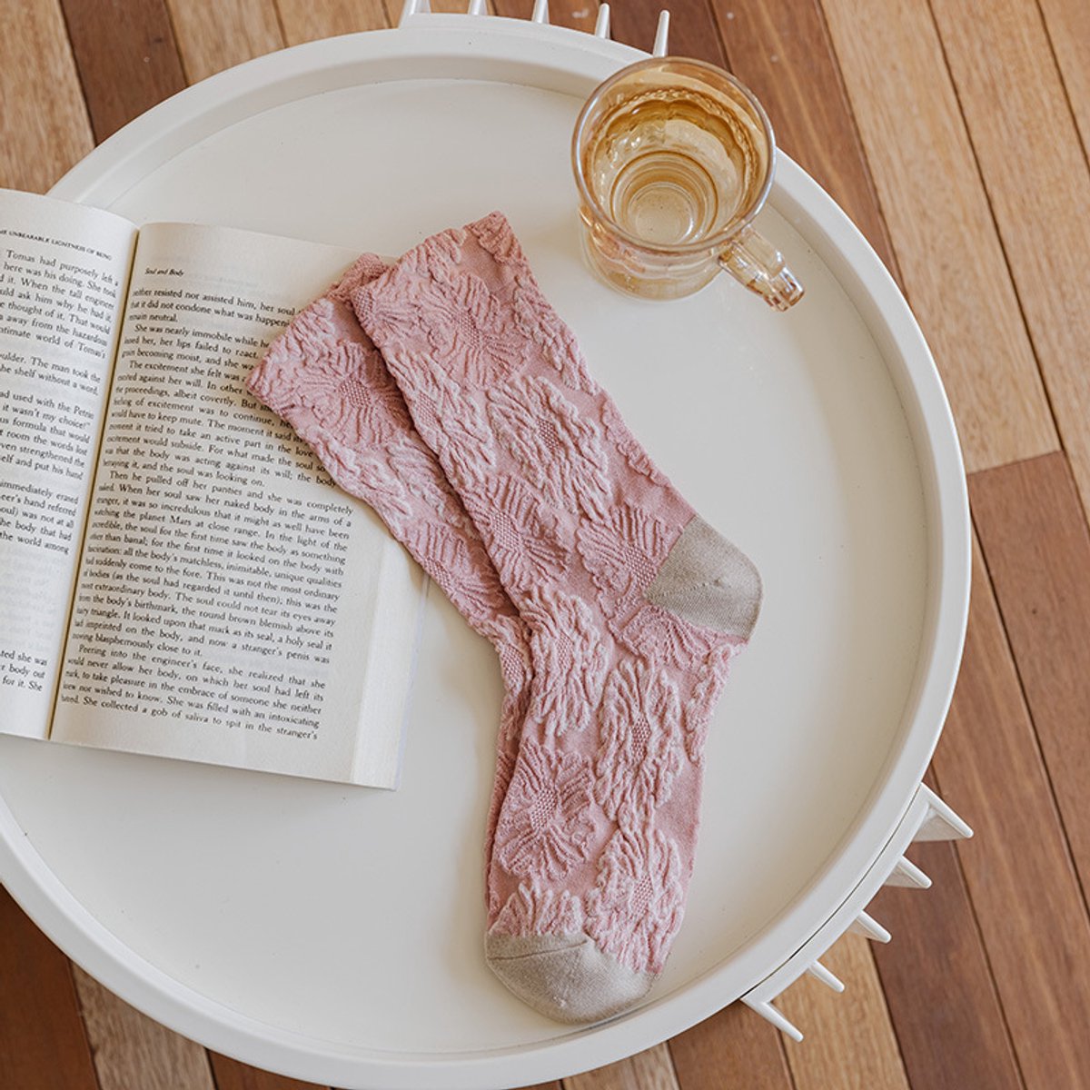 Women's slipper socks (4 pairs) - House socks - Pink socks - Women's autumn and winter socks, with sweet-smelling suede - Vintage print embroidered women's socks