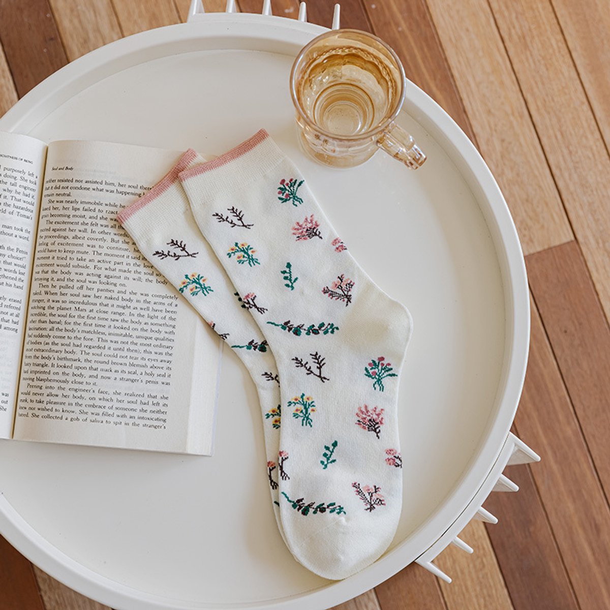 Women's slipper socks (4 pairs) - House socks - Pink socks - Women's autumn and winter socks, with sweet-smelling suede - Vintage print embroidered women's socks