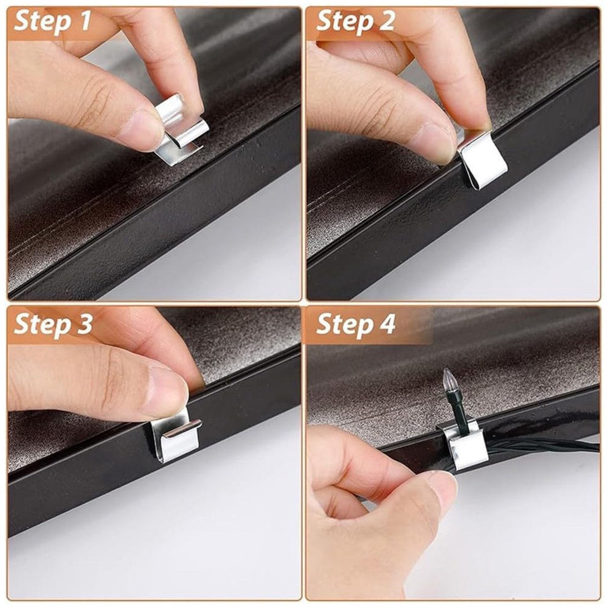 Pack of 100 pieces - Christmas light hooks - Hooks for outdoor lighting - Christmas light clips - Hanging hooks for Christmas lights, kitchen lights, etc. - Stainless steel metal cable clips with clamps - Cable clips