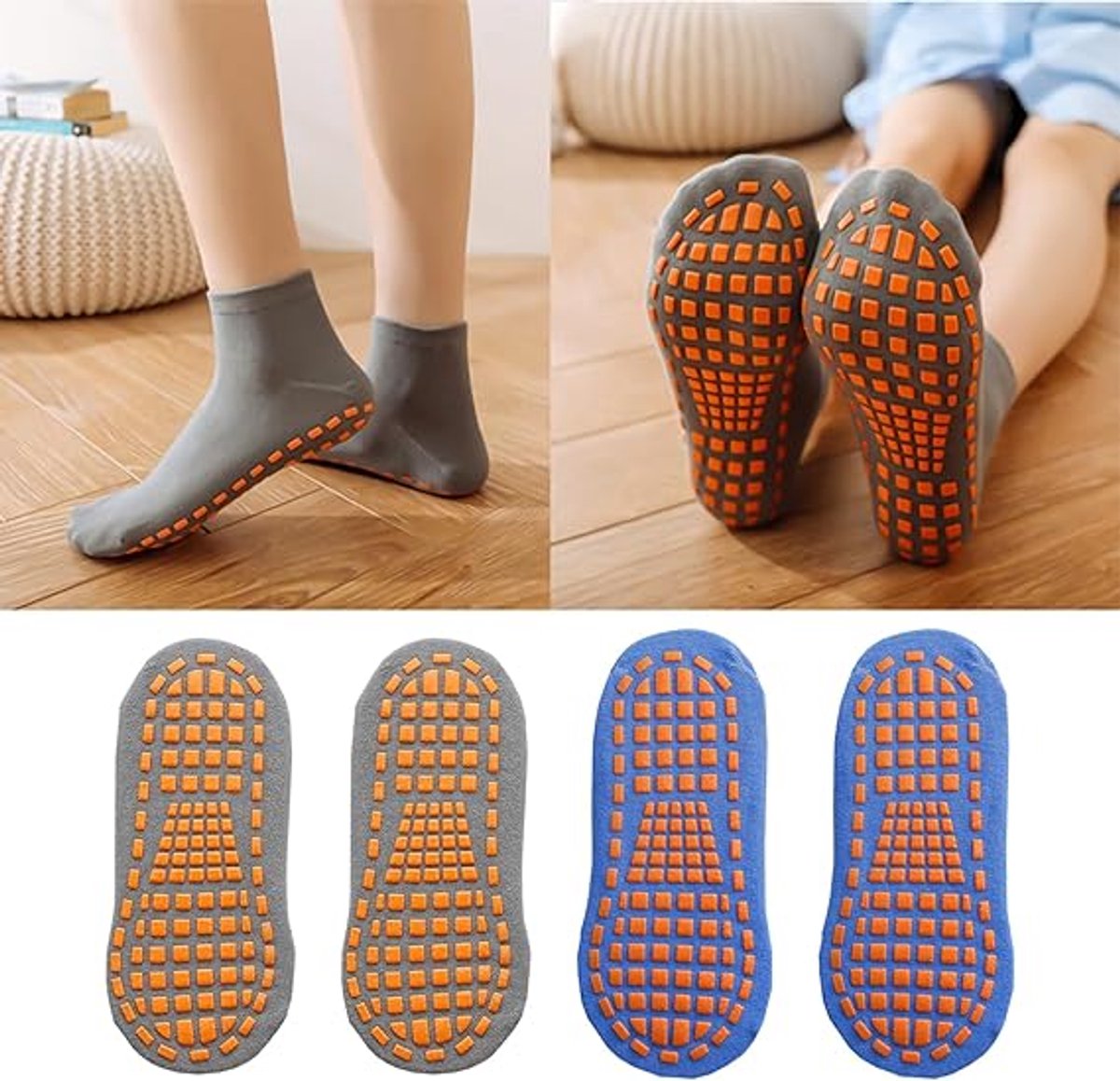 Non-slip socks (2 pairs) - Yoga socks - Non-slip yoga socks for women - Non-slip sports socks for adults - 100% cotton - Sports - Yoga - Pilates - Gymnastics - Trampoline socks - Blue - Gray - Sizes 36-43