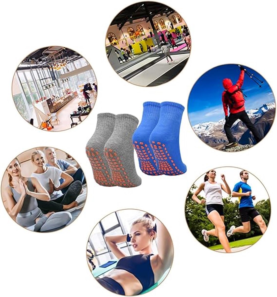 Non-slip socks (2 pairs) - Yoga socks - Non-slip yoga socks for women - Non-slip sports socks for adults - 100% cotton - Sports - Yoga - Pilates - Gymnastics - Trampoline socks - Blue - Gray - Sizes 36-43