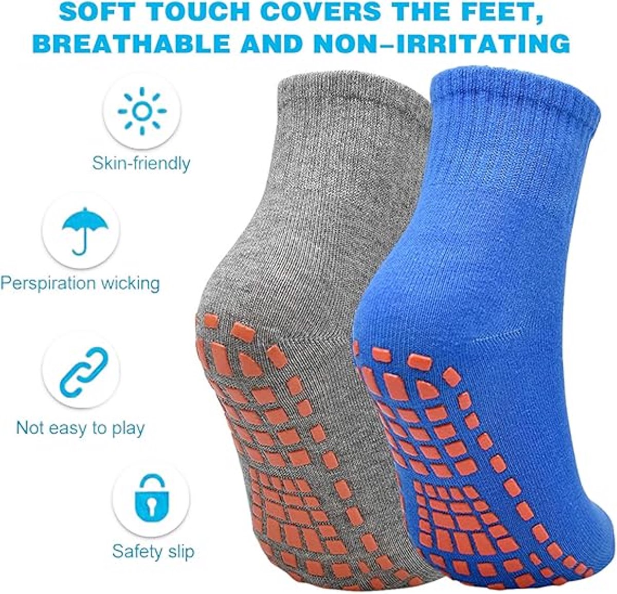 Non-slip socks (2 pairs) - Yoga socks - Non-slip yoga socks for women - Non-slip sports socks for adults - 100% cotton - Sports - Yoga - Pilates - Gymnastics - Trampoline socks - Blue - Gray - Sizes 36-43