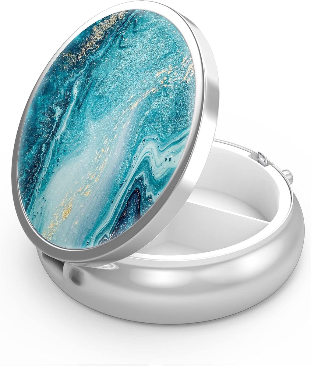 Pill Box - Three-Compartment Pill Box - Portable Pill Box - Fits in Pocket or Purse - Decorative Metal Medicine and Vitamin Storage Box - Unique Gift (Blue Quicksand)