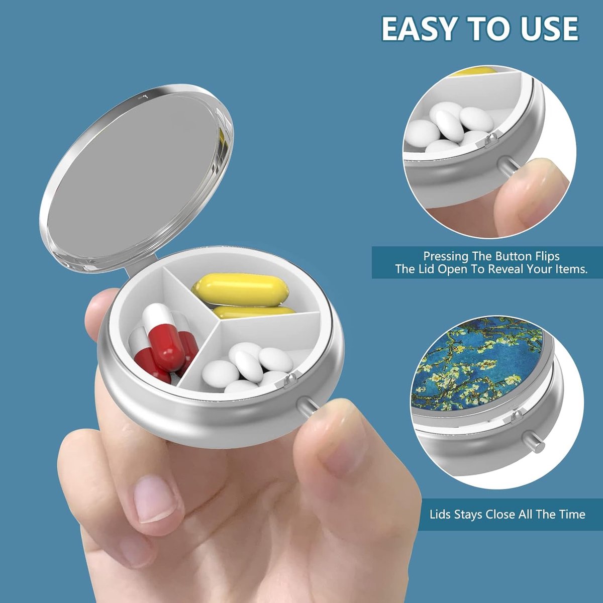 Pill Box - Three-Compartment Pill Box - Portable Pill Box - Fits in Pocket or Purse - Decorative Metal Medicine and Vitamin Storage Box - Unique Gift (Blue Quicksand)