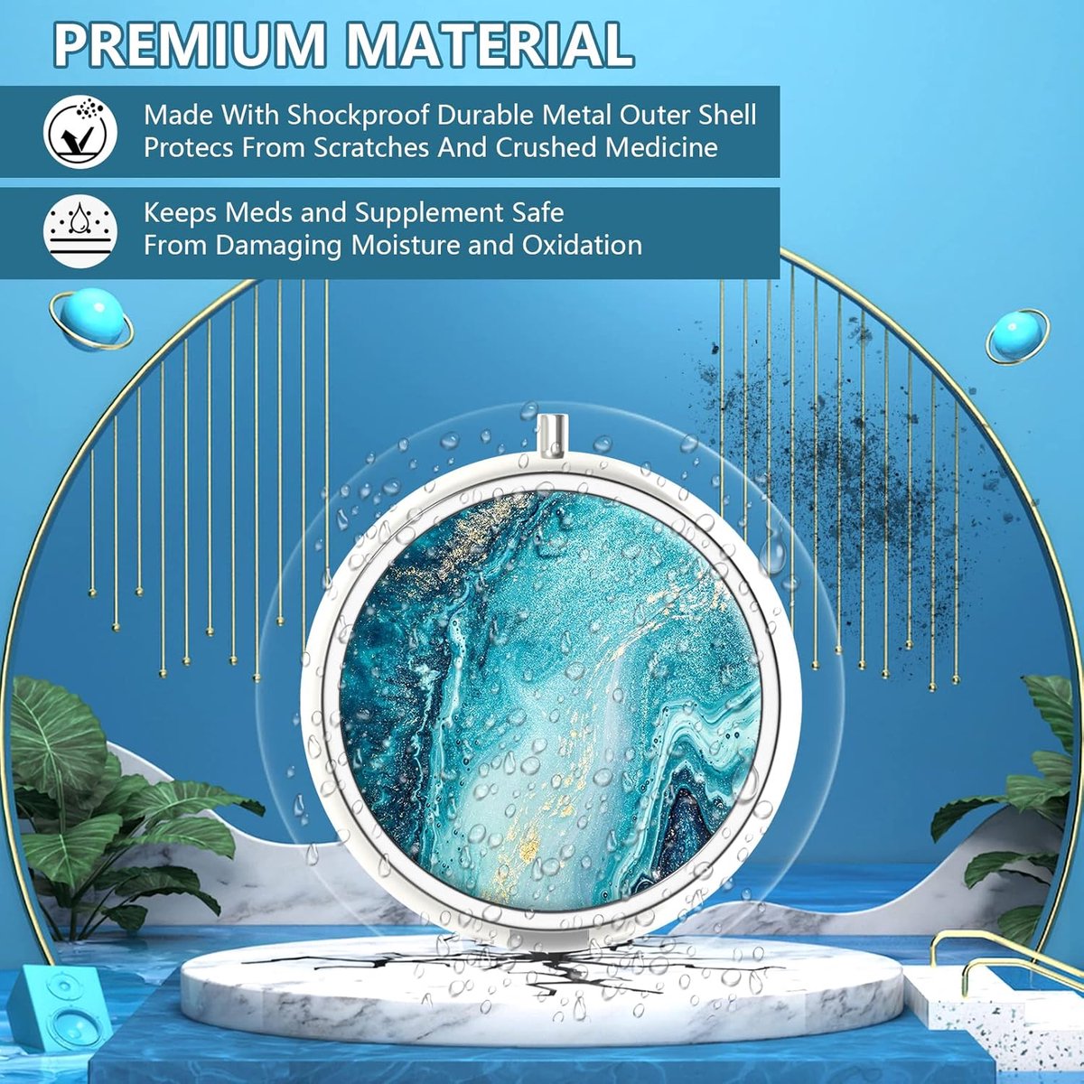 Pill Box - Three-Compartment Pill Box - Portable Pill Box - Fits in Pocket or Purse - Decorative Metal Medicine and Vitamin Storage Box - Unique Gift (Blue Quicksand)