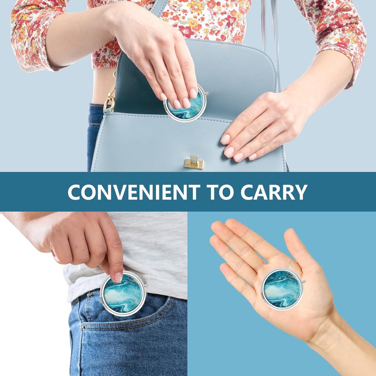 Pill Box - Three-Compartment Pill Box - Portable Pill Box - Fits in Pocket or Purse - Decorative Metal Medicine and Vitamin Storage Box - Unique Gift (Blue Quicksand)