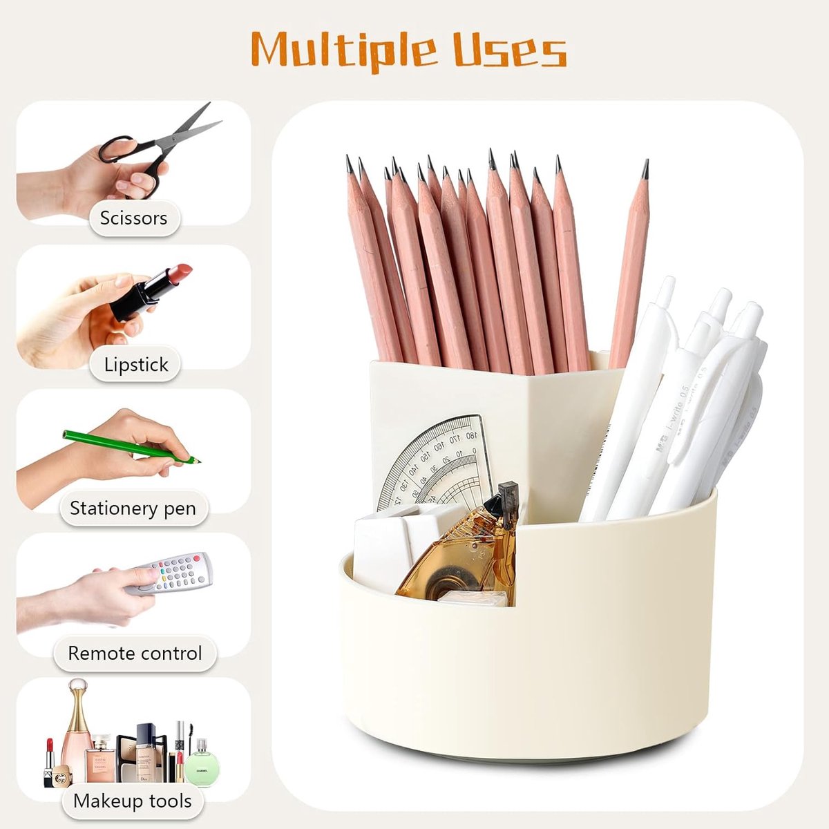 Desktop Rotating Pencil Holder - 3-Compartment Rotating Pencil Holder - Pencil Organizer - 360 Degree Rotating Office Supplies Organizer - for Pencils, Crayons & Office Supplies (White)