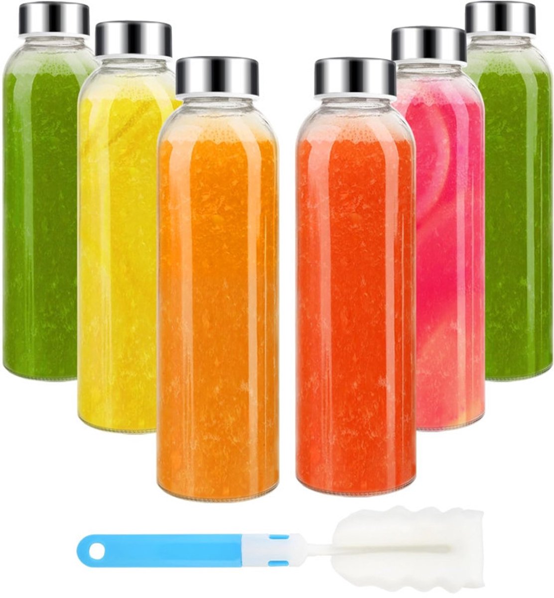 Glass Bottles - Set of 6 - 16oz Glass Juice Bottles for Drinking, Juicing & Tea Brewing with Lids - Leak-proof Set for Fridge Storage