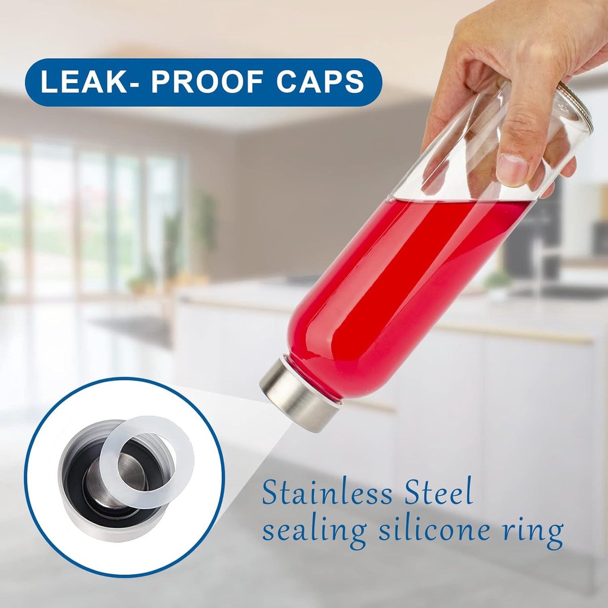 Glass Bottles - Set of 6 - 16oz Glass Juice Bottles for Drinking, Juicing & Tea Brewing with Lids - Leak-proof Set for Fridge Storage